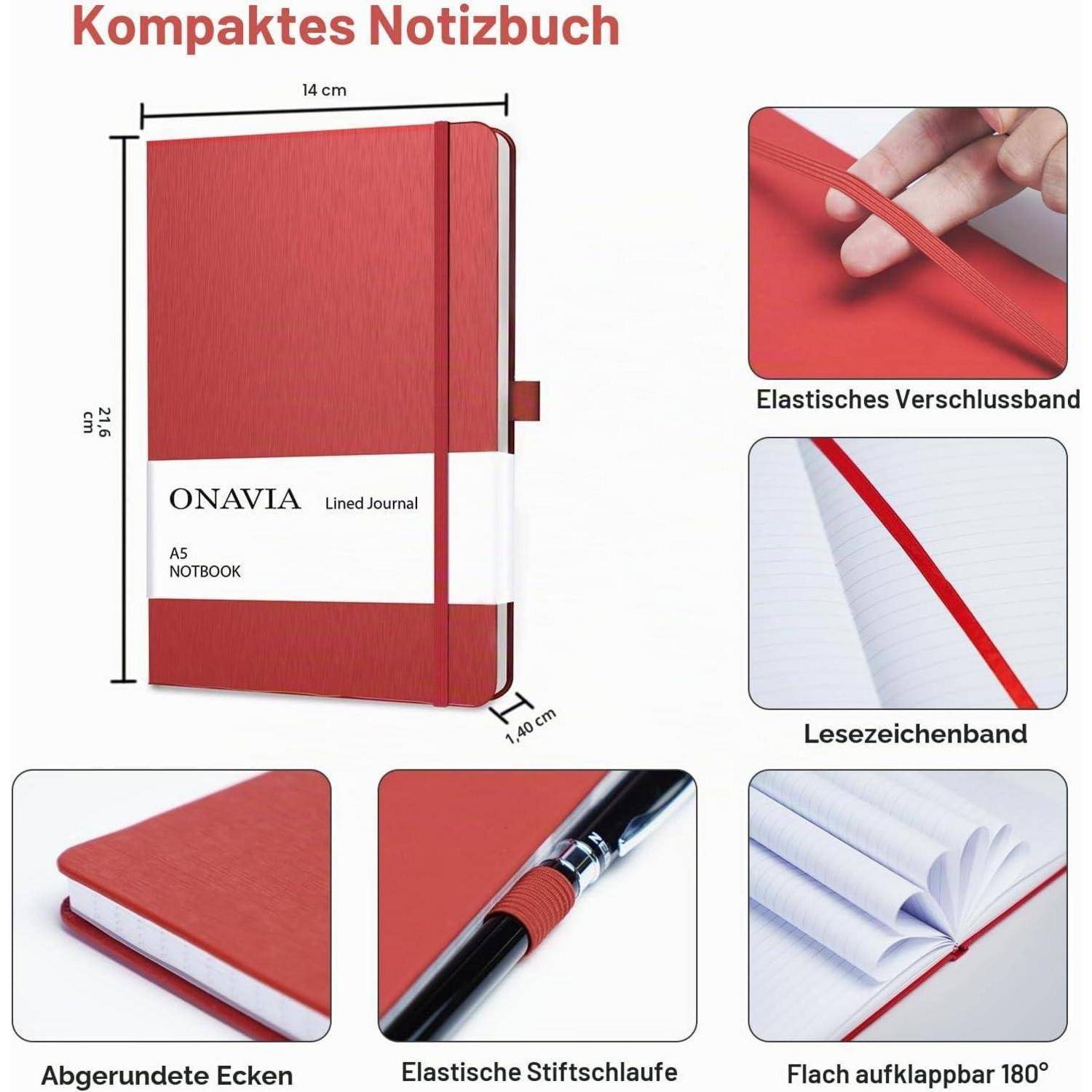 Produktdiagramm eines roten kompakten Notizbuches mit der Bezeichnung „Kompaktes Notizbuch