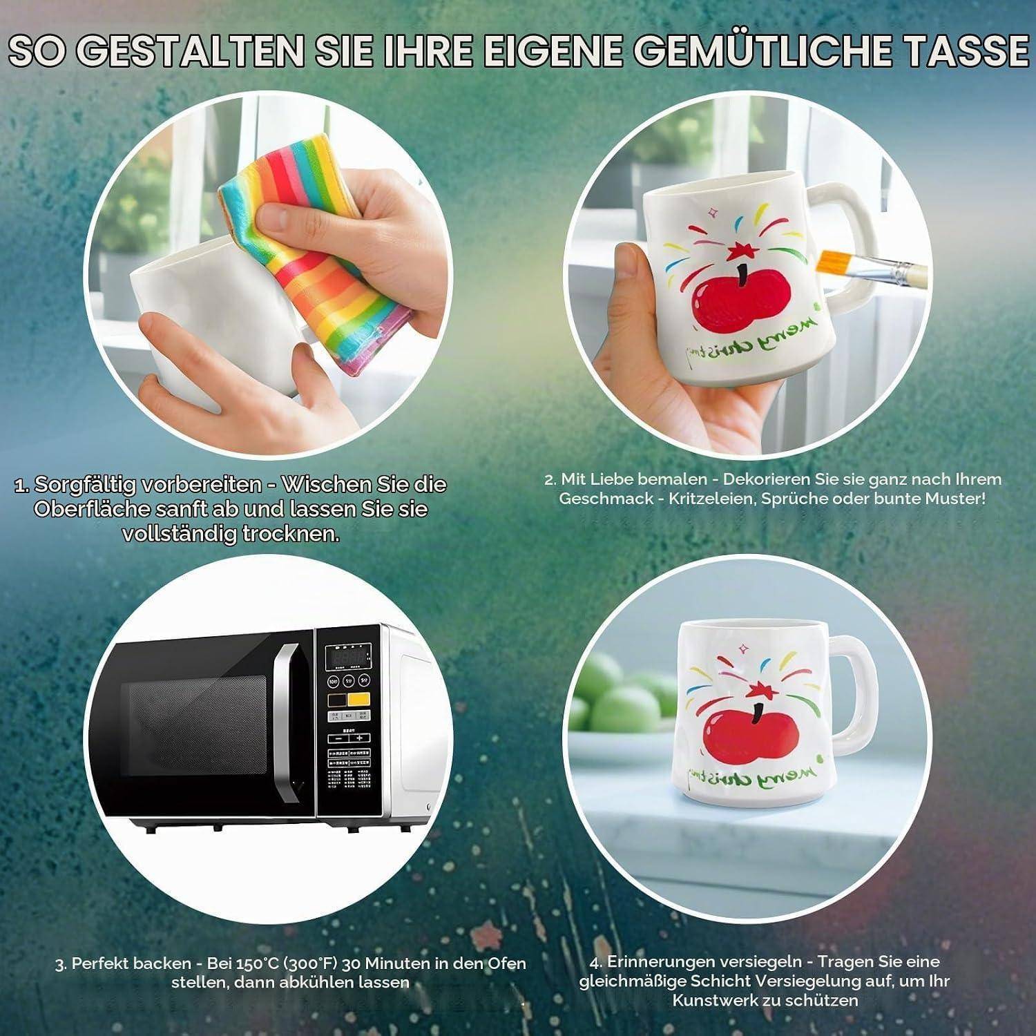 Die Infografik zeigt, wie man eine Tasse individuell gestaltet: reinigen, ein Design ausmalen, 30 Minuten bei 150°C backen und dann versiegeln für eine haltbare Tasse.