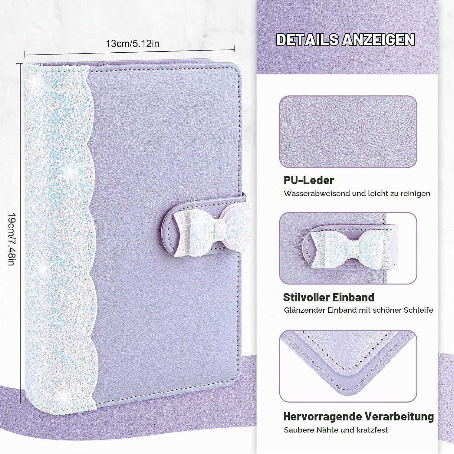 Lavendelfarbener PU-Leder-Notizbucheinband mit glitzernder Spitzeneinfassung und Schleifenverschluss; Größe wie abgebildet 13 cm x 19 cm, mit Material- und Nähdetails.
