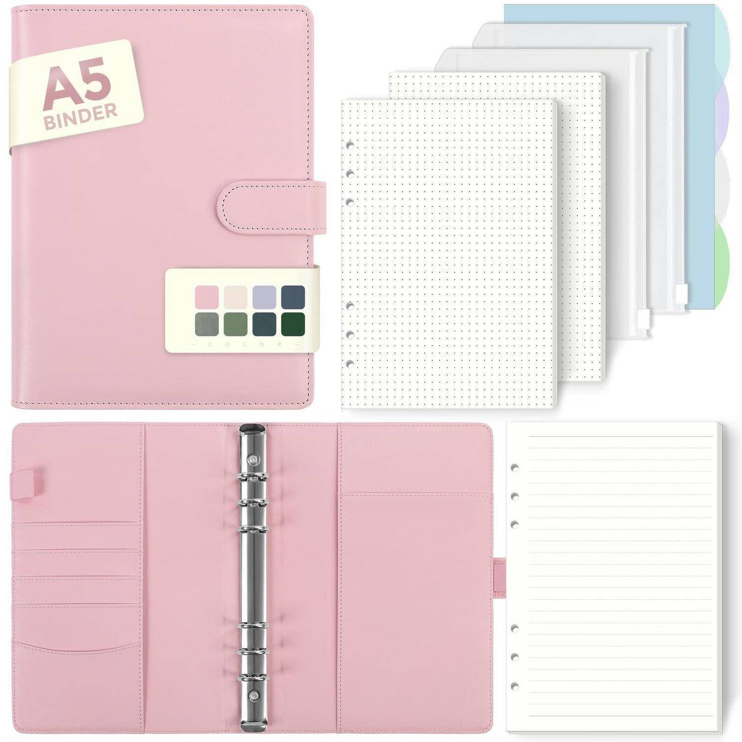 Rosa A5-Ringbinder-Planerset mit Druckknopfverschluss, Trennblättern und linierten sowie punktierten Nachfüllseiten, geschlossen und geöffnet dargestellt.