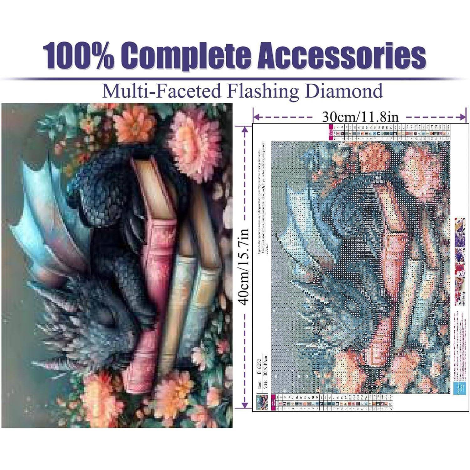 Werbegrafik für ein Diamond-Painting-Set: fertiges Vogel- und Blumenmotiv auf der linken Seite, Mustergitter auf der rechten Seite, beschriftet mit 30 cm x 40 cm.