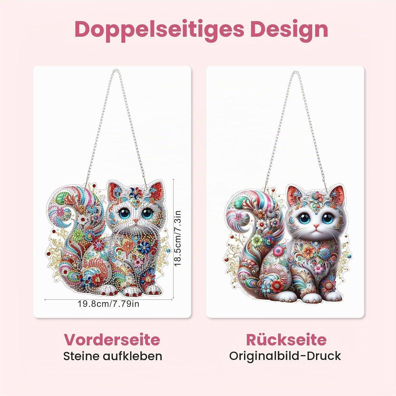 Vergleichsbild einer doppelseitigen Katzen-Wandbehang: Vorderseite mit Steinen zum Aufkleben, Rückseite mit originalem Druck, auf Deutsch beschriftet.