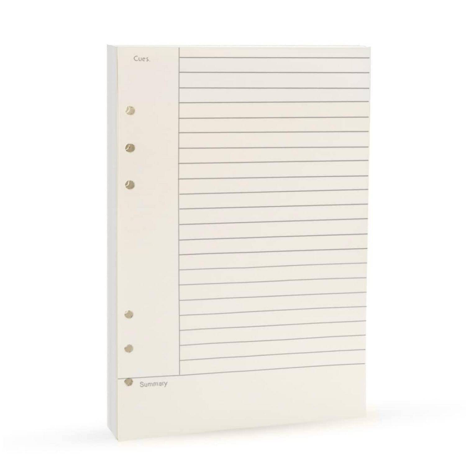 Liniertes Notizbuch-Füllpapier mit Lochung, linkem Rand mit Beschriftung 