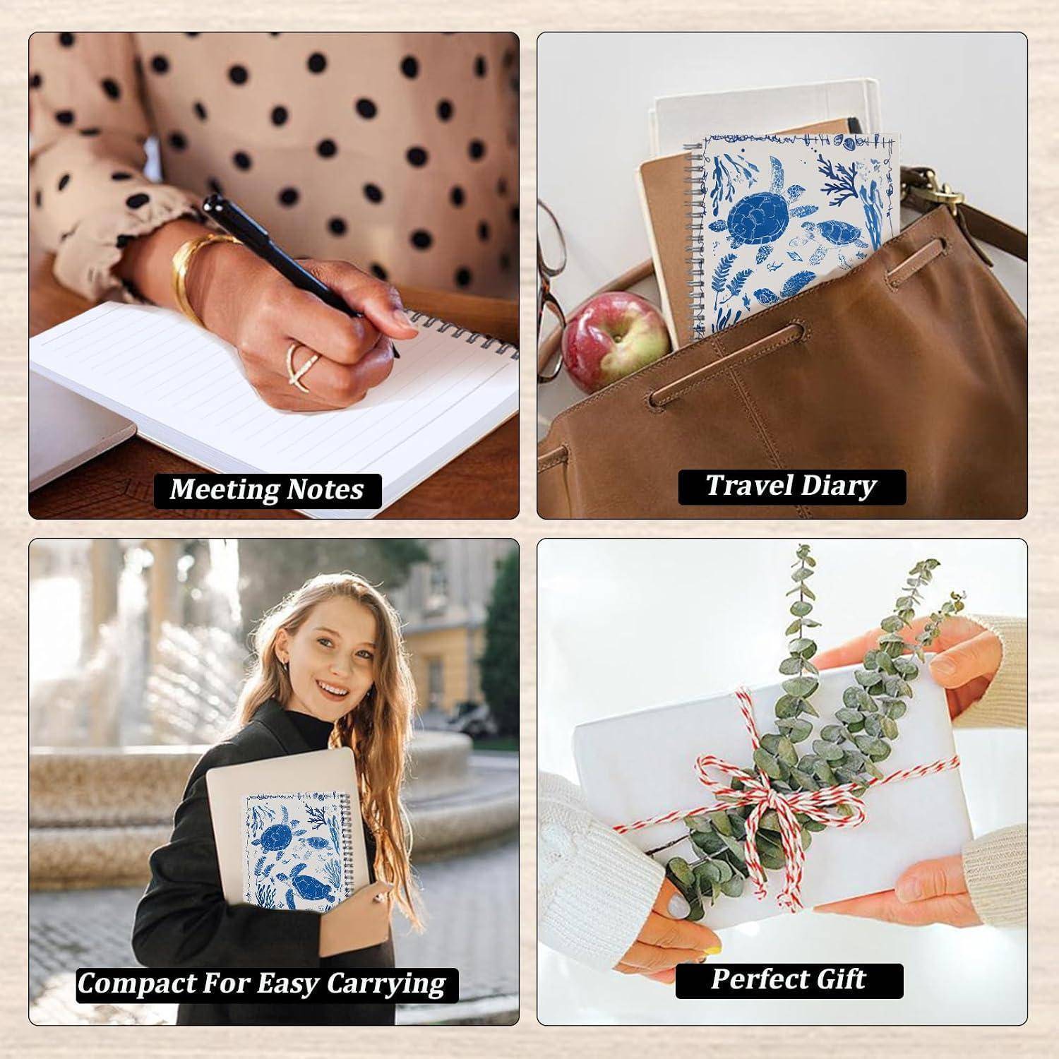 Vierteiliges Fotocollage, das ein blaues Notizbuch mit Blumenmuster zeigt, das für Besprechungsnotizen, Reisetagebuch, einfaches Transportieren und als verpacktes Geschenk verwendet wird.
