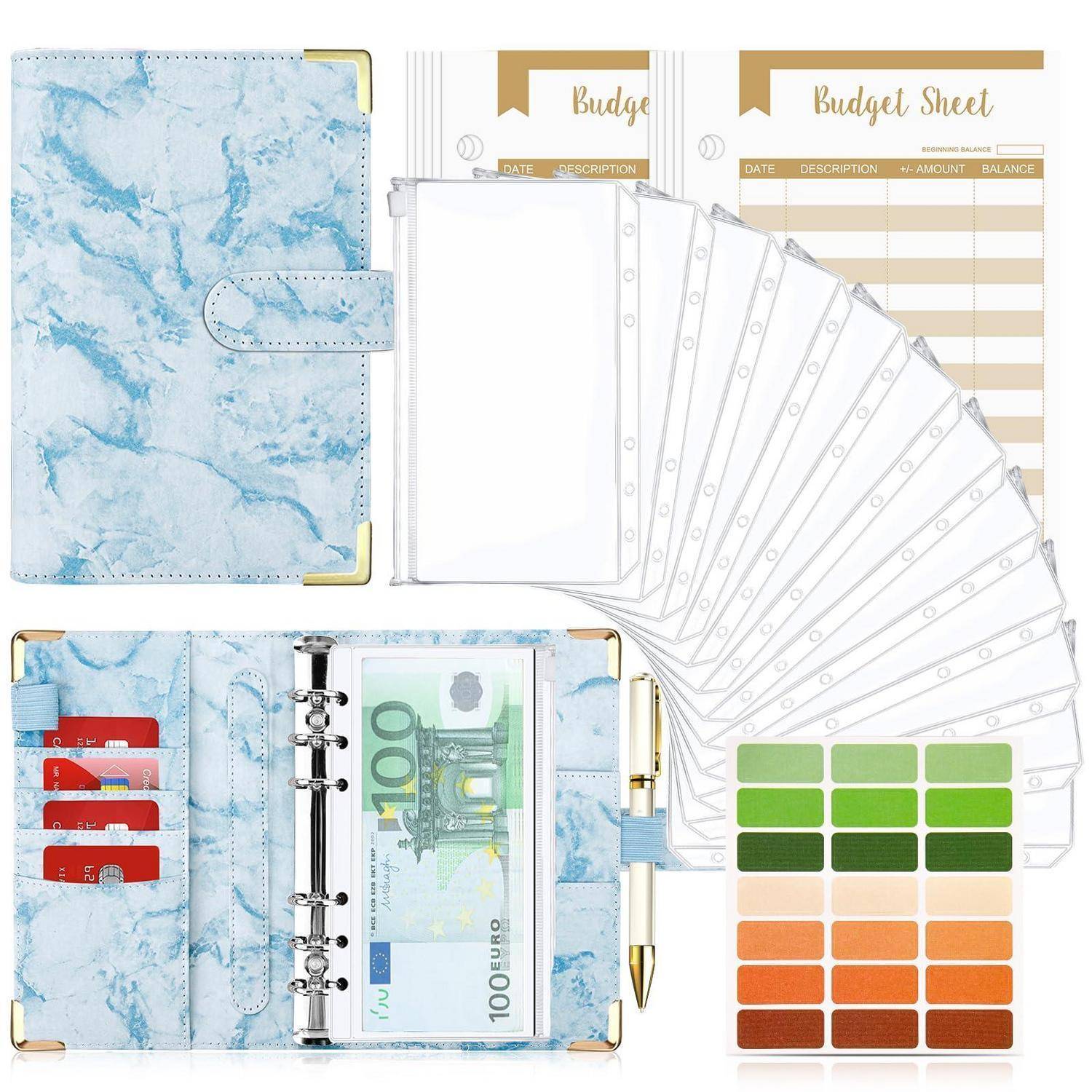 Blue marble Planer/Budget-Ordner-Set mit Ringeinlagen, Budget-Blättern, Stift, Währungstasche und Farbmustern zur Organisation der Finanzen.