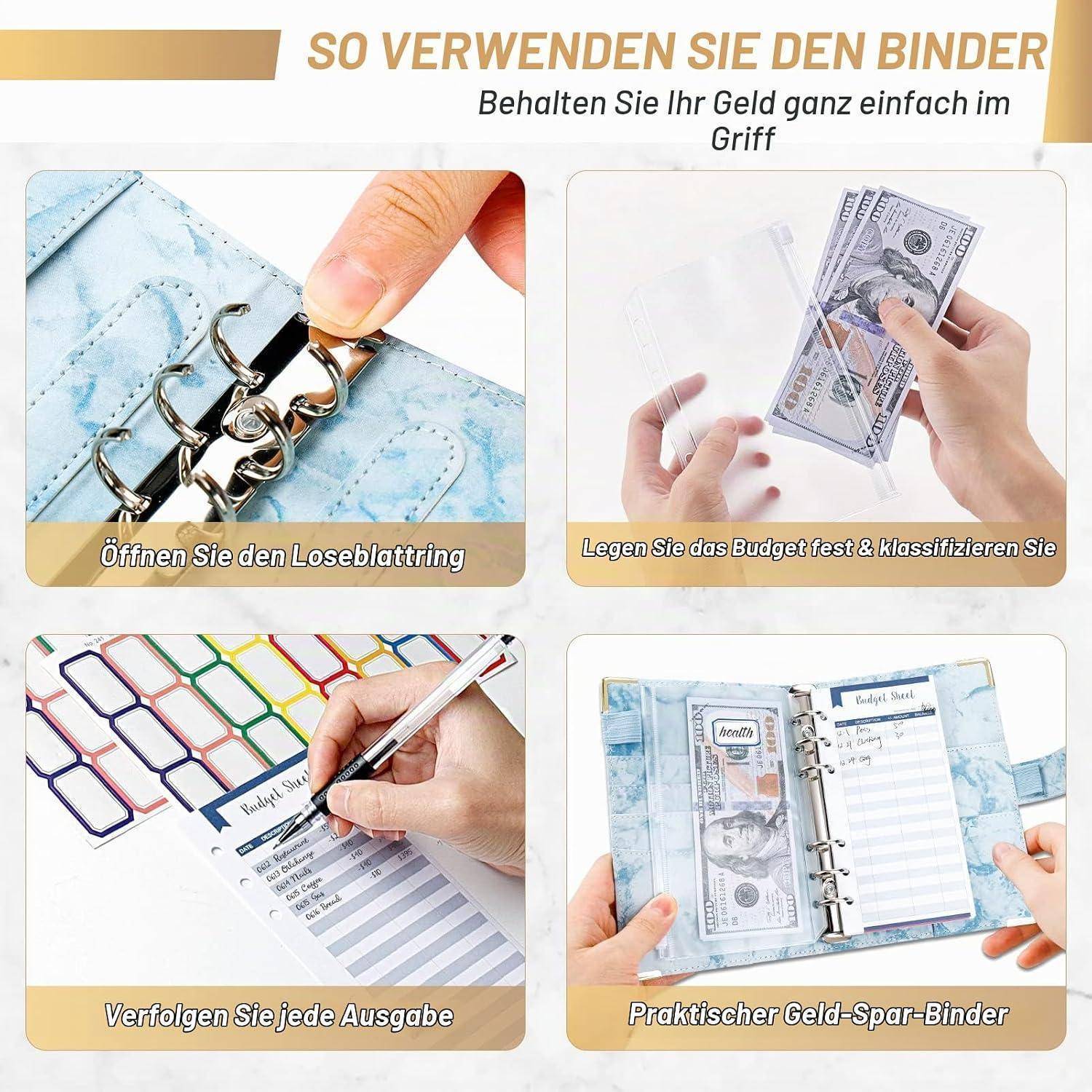 Budget Planner Budget Binder A6, Budgetplaner Geld Organizer mit Weiche PVC Tasche, TAOPE Leder Binder Notizbuch A6 Cash Stuffing, 6 Löcher Budget