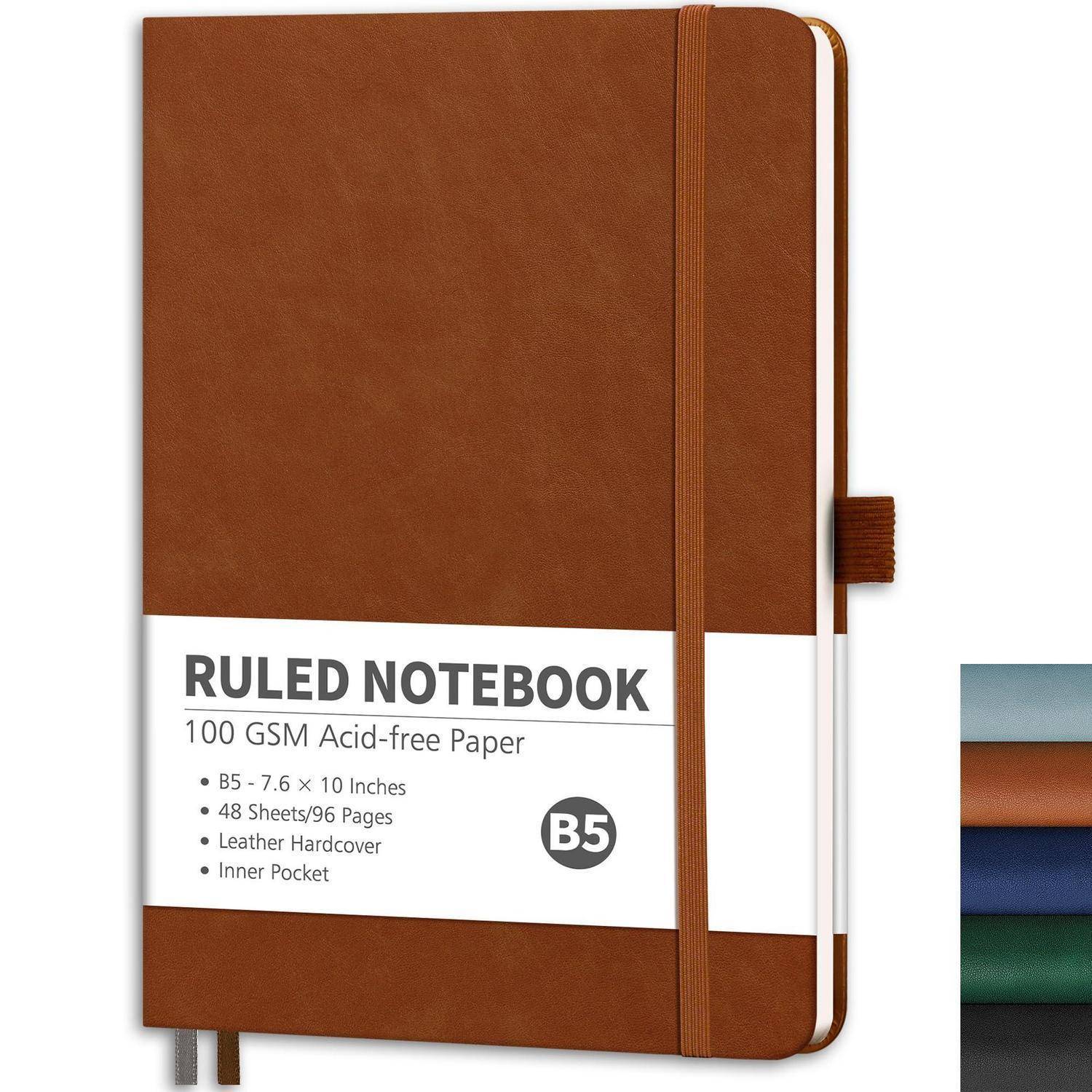 Braunes B5-Notizbuch mit Linien, Gummiband, beschriftet mit „RULED NOTEBOOK