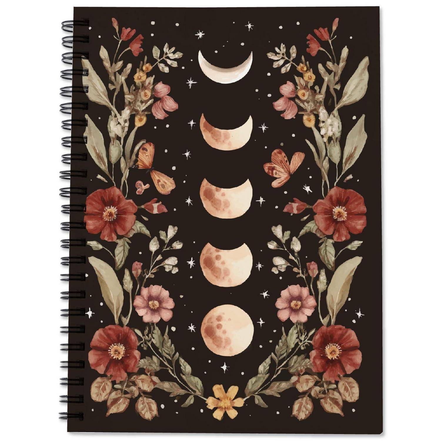 Blumiges Notizbuchcover mit einem Mondphasen-Design auf dunklem Hintergrund, mit Mond-Phasen von der Mondsichel bis zum Vollmond, die zwischen symmetrischen Blumen und Blättern zentriert sind.