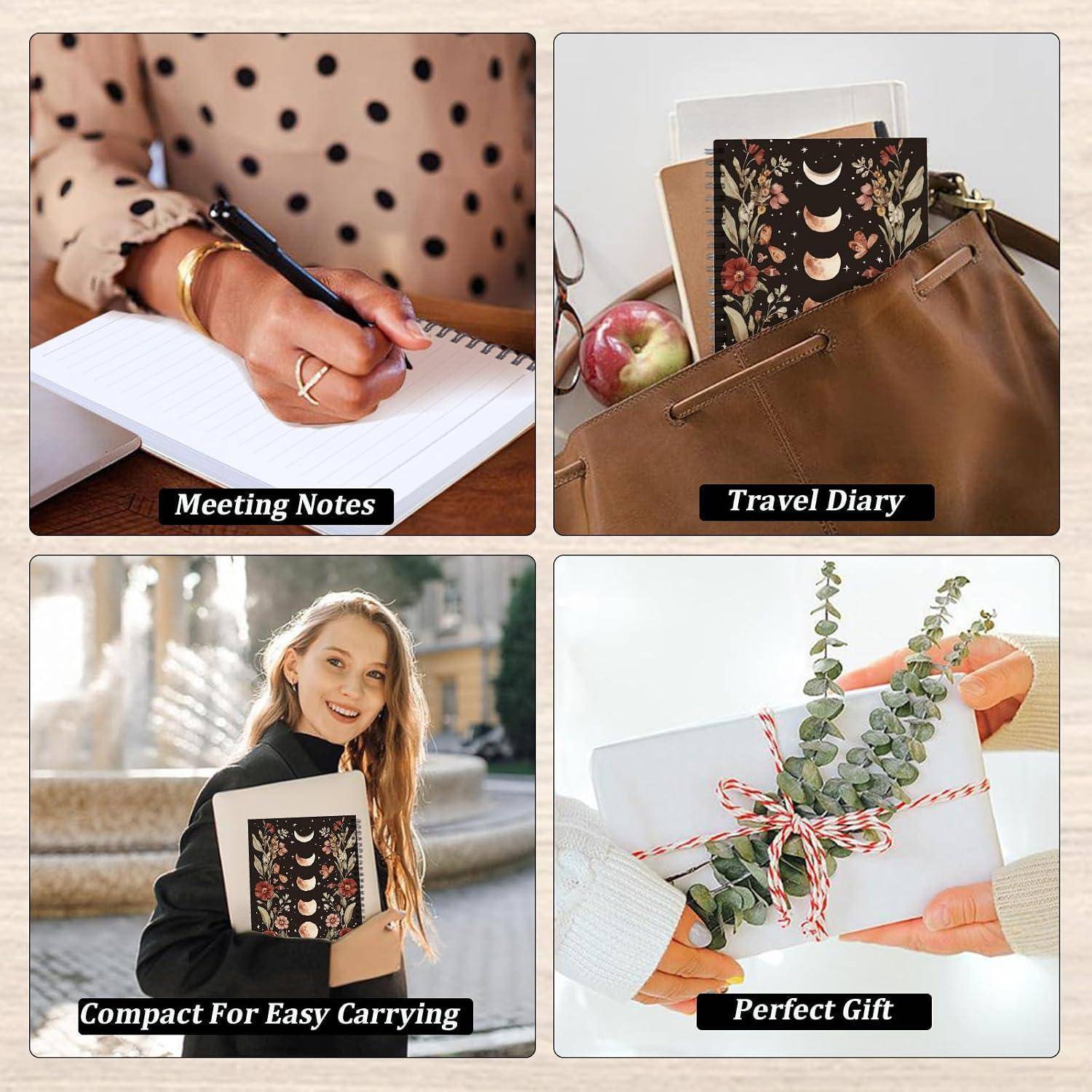 Collage mit einem Blüten-Notizbuch für Besprechungsnotizen, Reisetagebuch, einfaches Transportieren und ein mit Grünpflanzen verpacktes Geschenk.