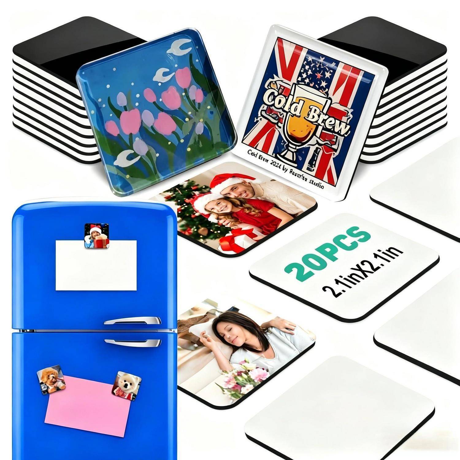 Assortierte anpassbare magnetische Foto-Kühlschrankmagnete, einschließlich gemusterter, bedruckter und leerer Fliesen, die in gestapelten Sets und einzelnen Mustern angezeigt werden.