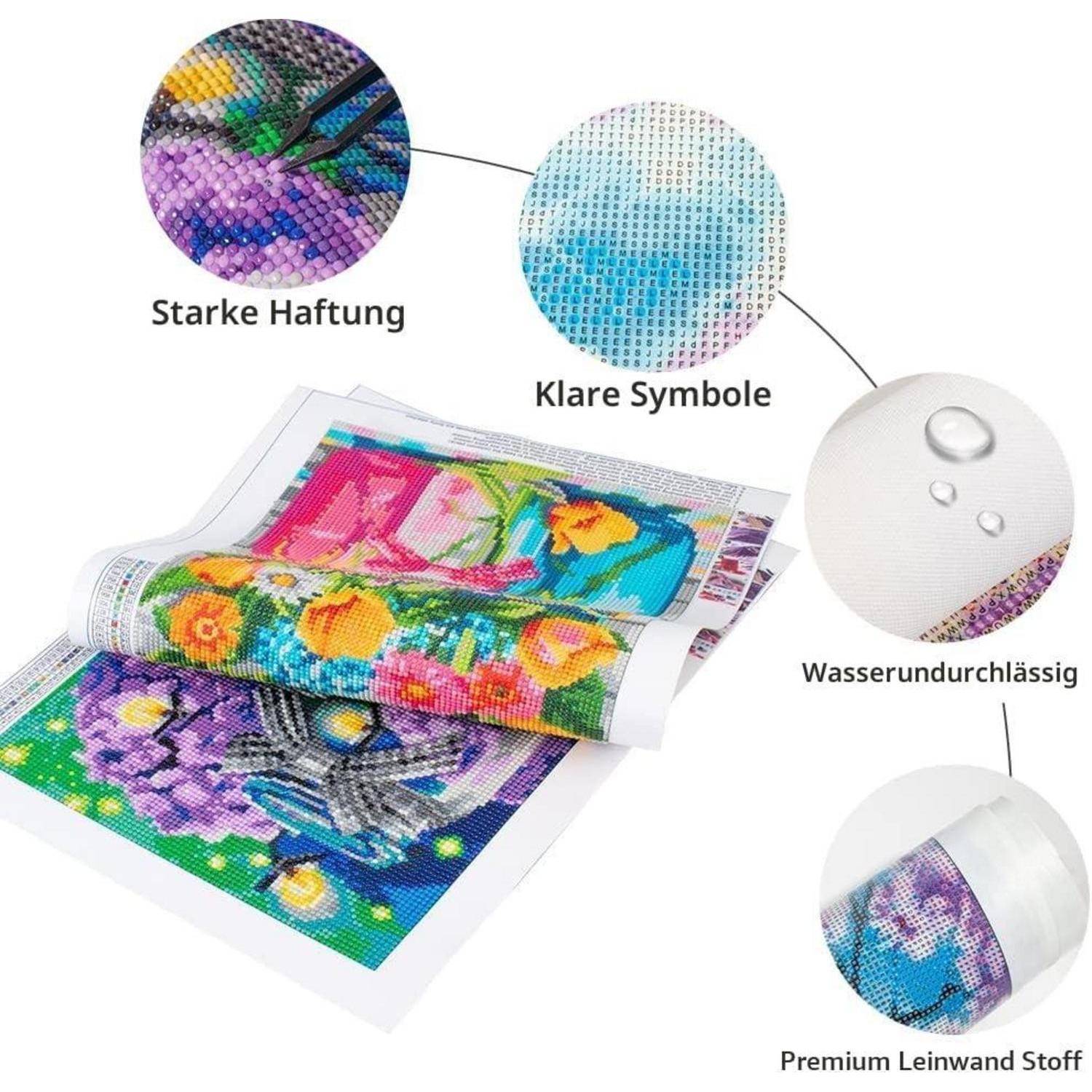 Diamant-Malerei-Leinwand mit vergrößerten Nahaufnahmen, die starke Haftung, klare Symbole, wasserdichte Oberfläche und hochwertige Leinwandstoff zeigen.