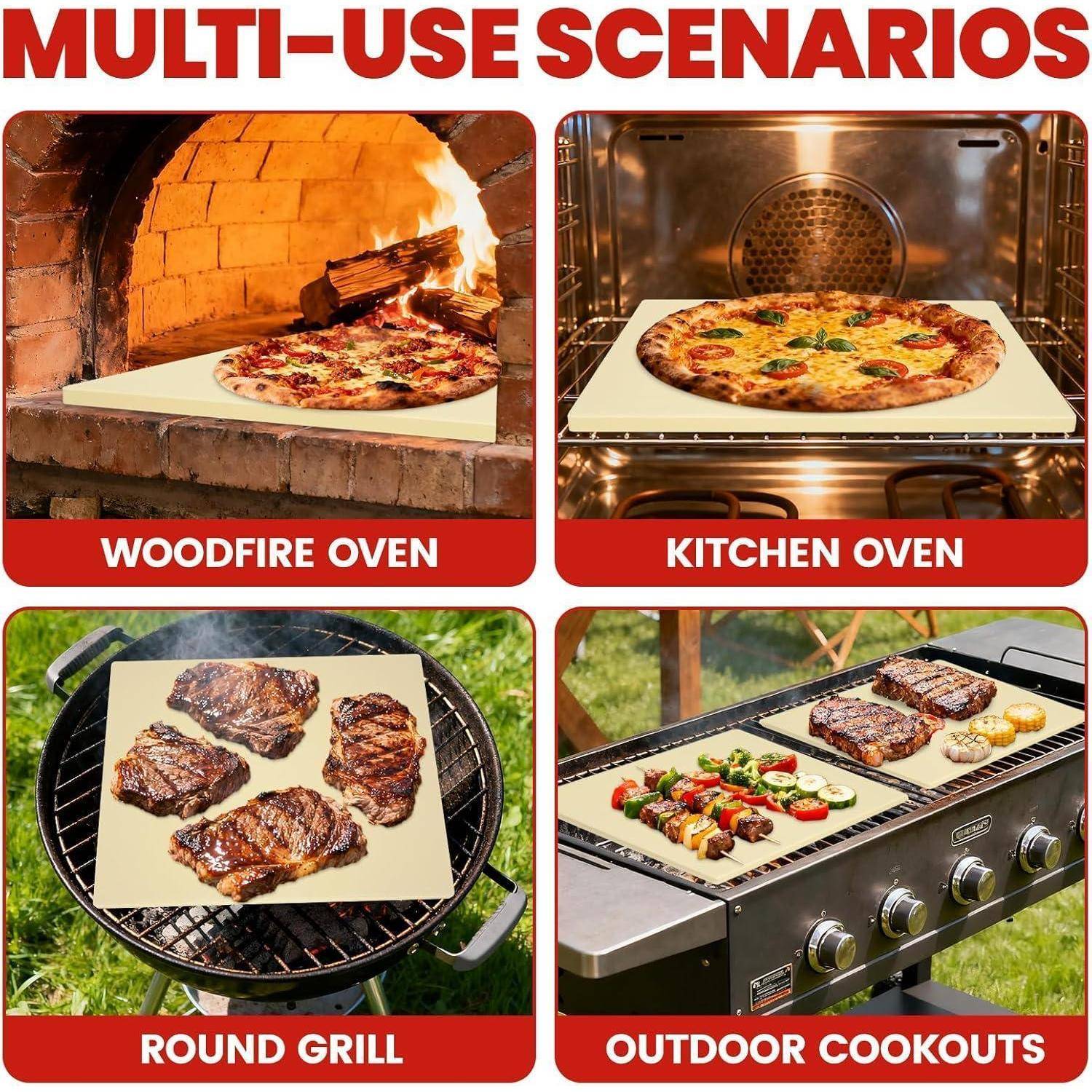 Vierpanel-Produktbild zeigt Speisen, die in mehreren Geräten zubereitet wurden: Holzfeuer-Ofen, Küchenherd, runder Grill und Outdoor-Kochplatte.