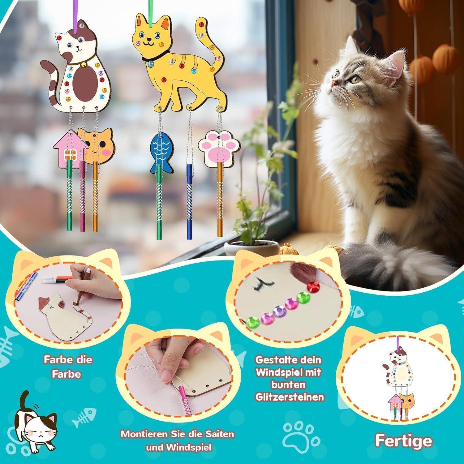 Nourdom Windspiel Bastelset Kinder, 12 Stück Holz Katzen Kreatives Klangspiel Bastelhandwerk Töne Basteln Holzspielzeug zum Bemalen für Mädchen Ju
