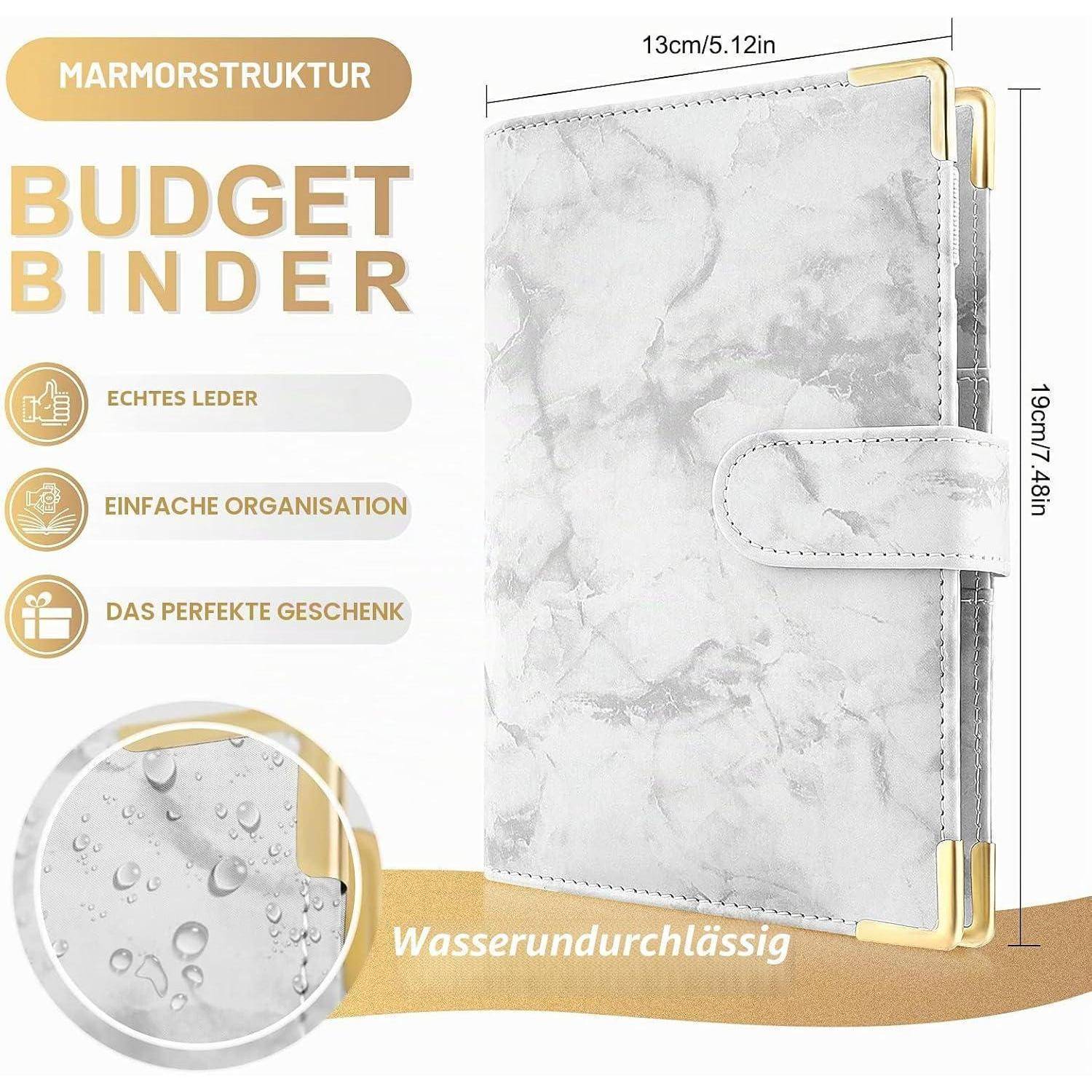 Marmor-Optik Budget-Ordner mit Riemenverschluss, dargestellt als 13 cm × 19 cm, gekennzeichnet mit „ECHTES LEDER