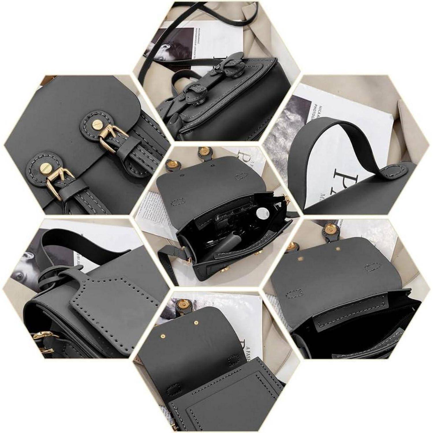 Collage einer schwarzen Ledertasche mit Schultergurt, Klappe, Schnalle und Schleifen-Details, von mehreren Blickwinkeln gezeigt, einschließlich des offenen Innenraums und des verstellbaren Riemens.
