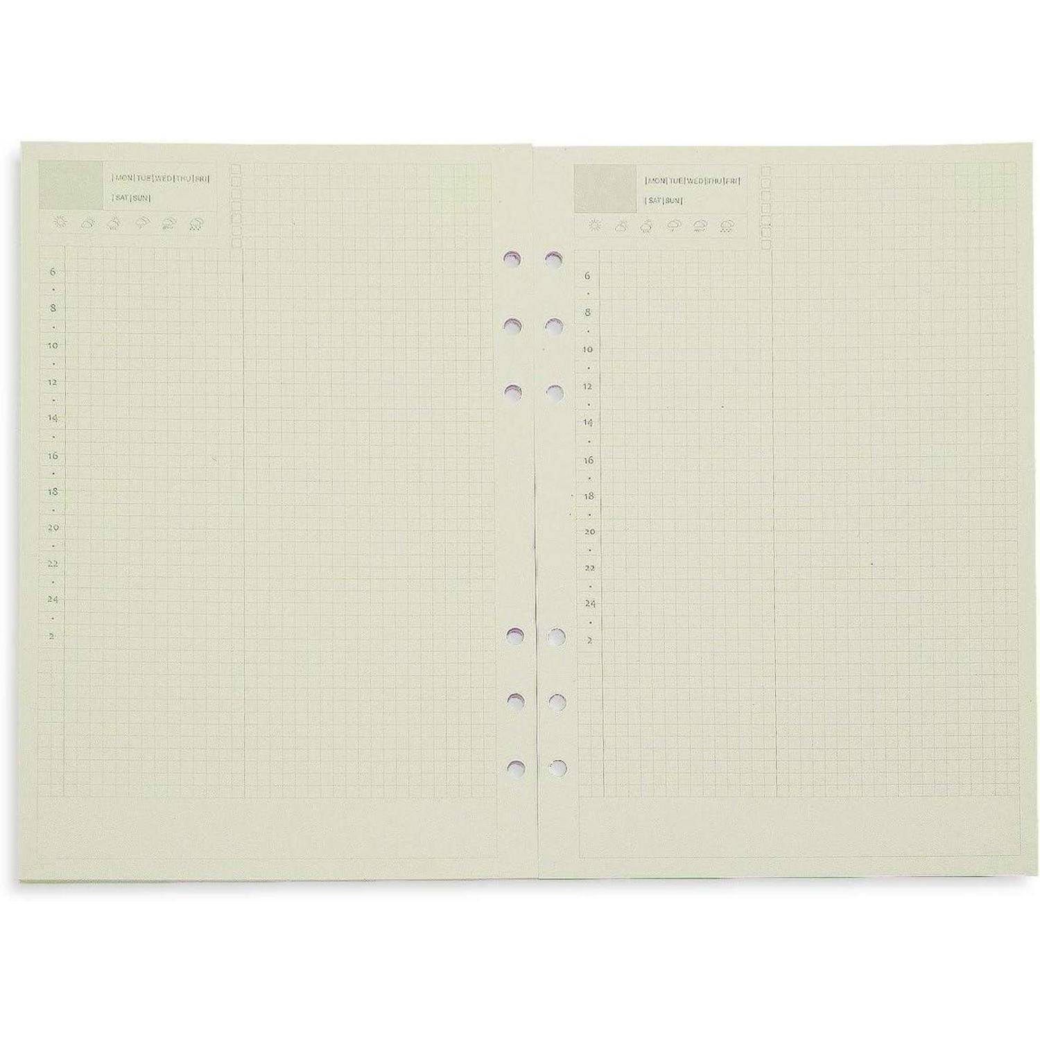 Leeres beiges Notizbuch mit Millimeterpapier, aufgeschlagen mit zwei perforierten Seiten und Lochungen in der Mittelbindung.
