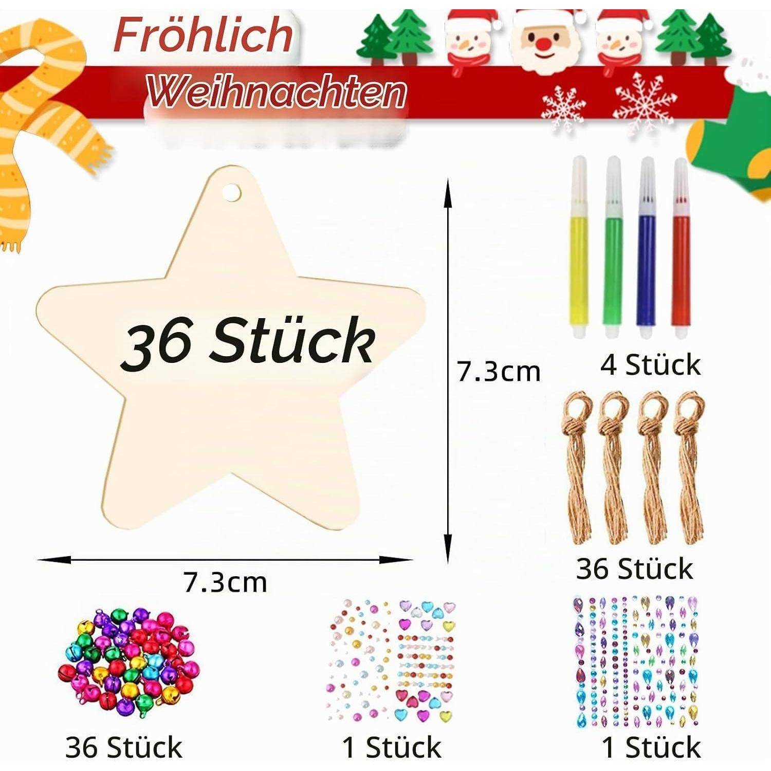 Weihnachtsbastelset mit einem Sternetikett mit der Aufschrift „36 Stück" und einer Größe von 7,3 cm, plus 4 Stifte, 36 Schnüre und 2 Blätter dekorative Aufkleber.