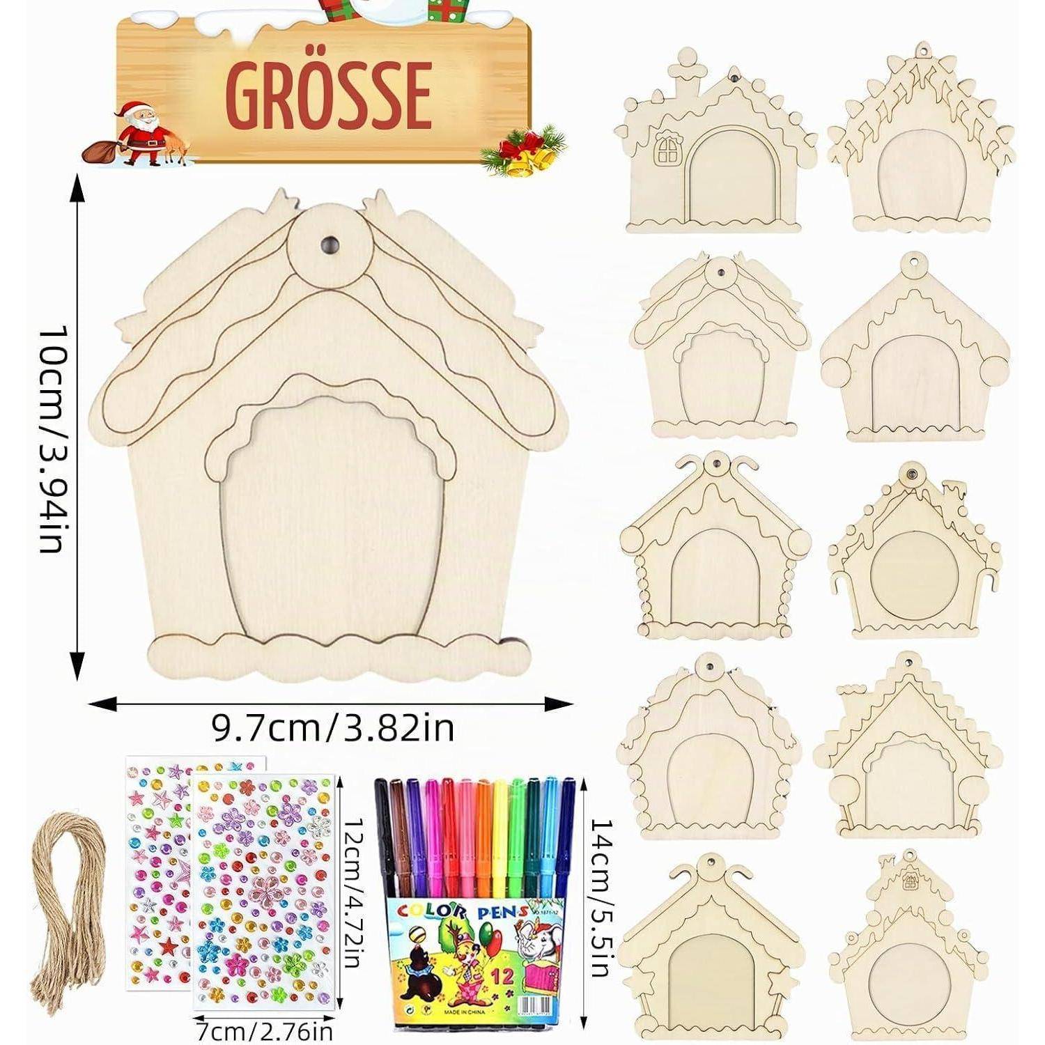 Weihnachtliches Holzhaus-Ornament-Set mit einer Größe von 10 cm Höhe und 9,7 cm Breite, mit mehreren Hausdesigns, Schnur, Aufklebern und farbigen Stiften.