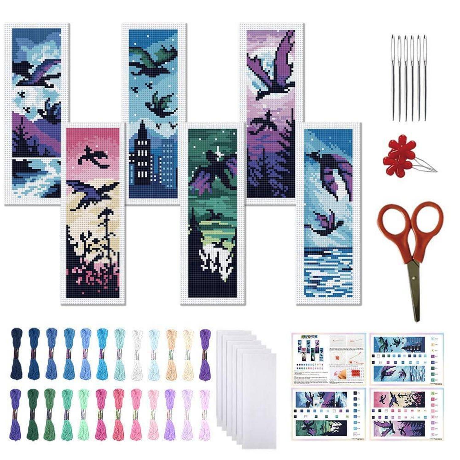 Kreuzstich-Set mit sechs Vogel- und Szenenmotiv-Lesezeichen-Mustern, Stickgarn, Nadeln, Schere, Stecknadeln und Stofftüchern.