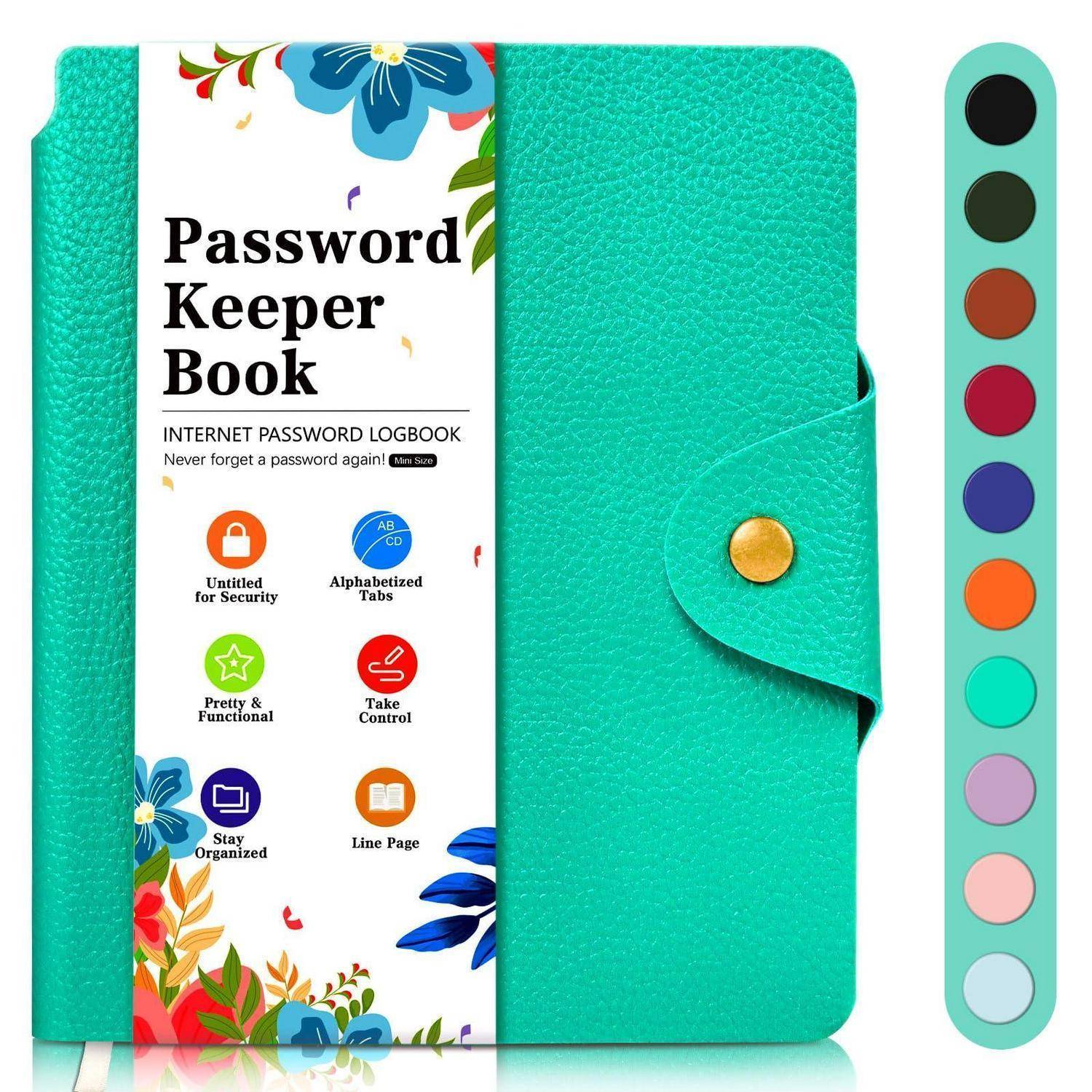 Teal 'Password Keeper Book' Internet-Passwort-Logbuch mit Druckknopfverschluss und farbenfrohes Coverdesign, dargestellt neben einer vertikalen Reihe von Farbmustern.