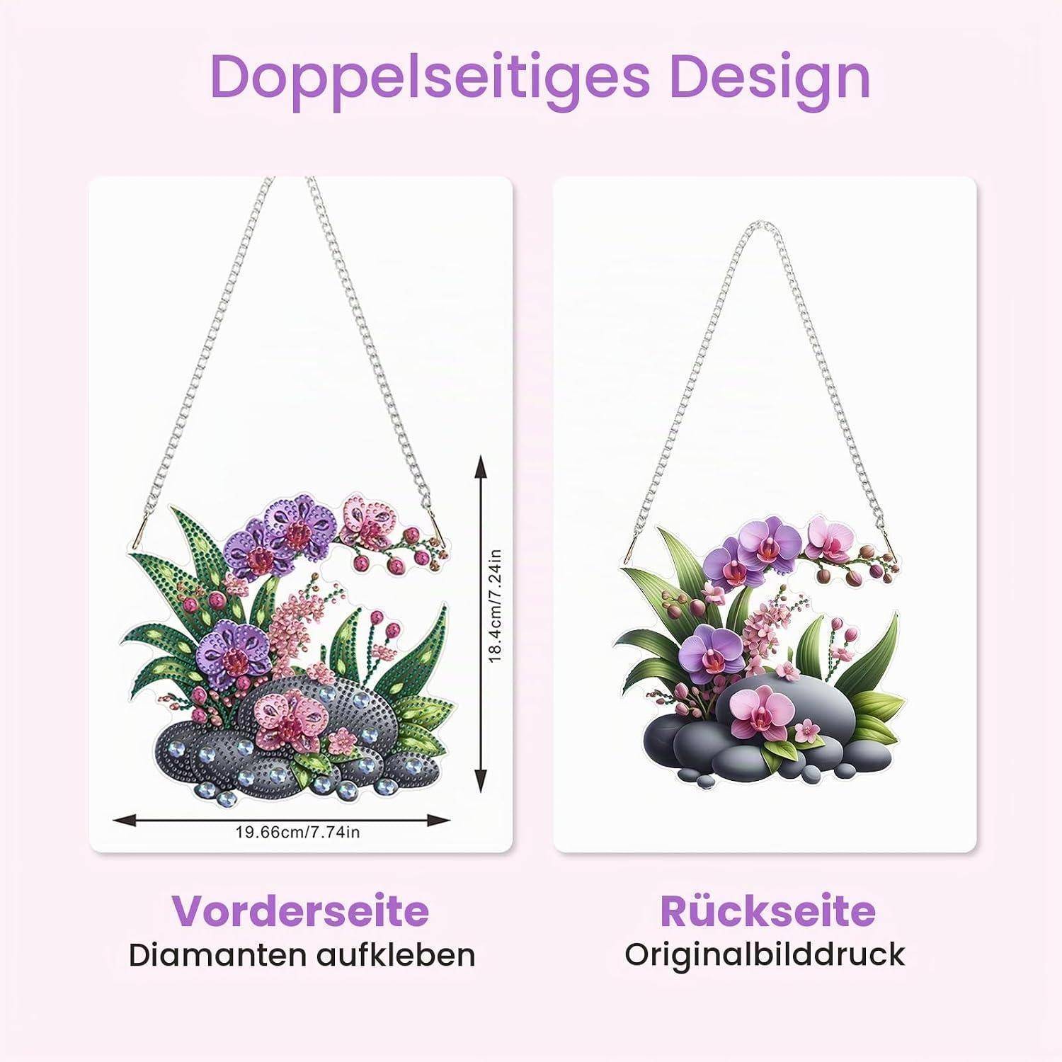 Nebeneinander angeordnete Produktabbildung, die ein Diamantmalerei-Täschchen mit Blumenmuster zeigt; links „Vorderseite