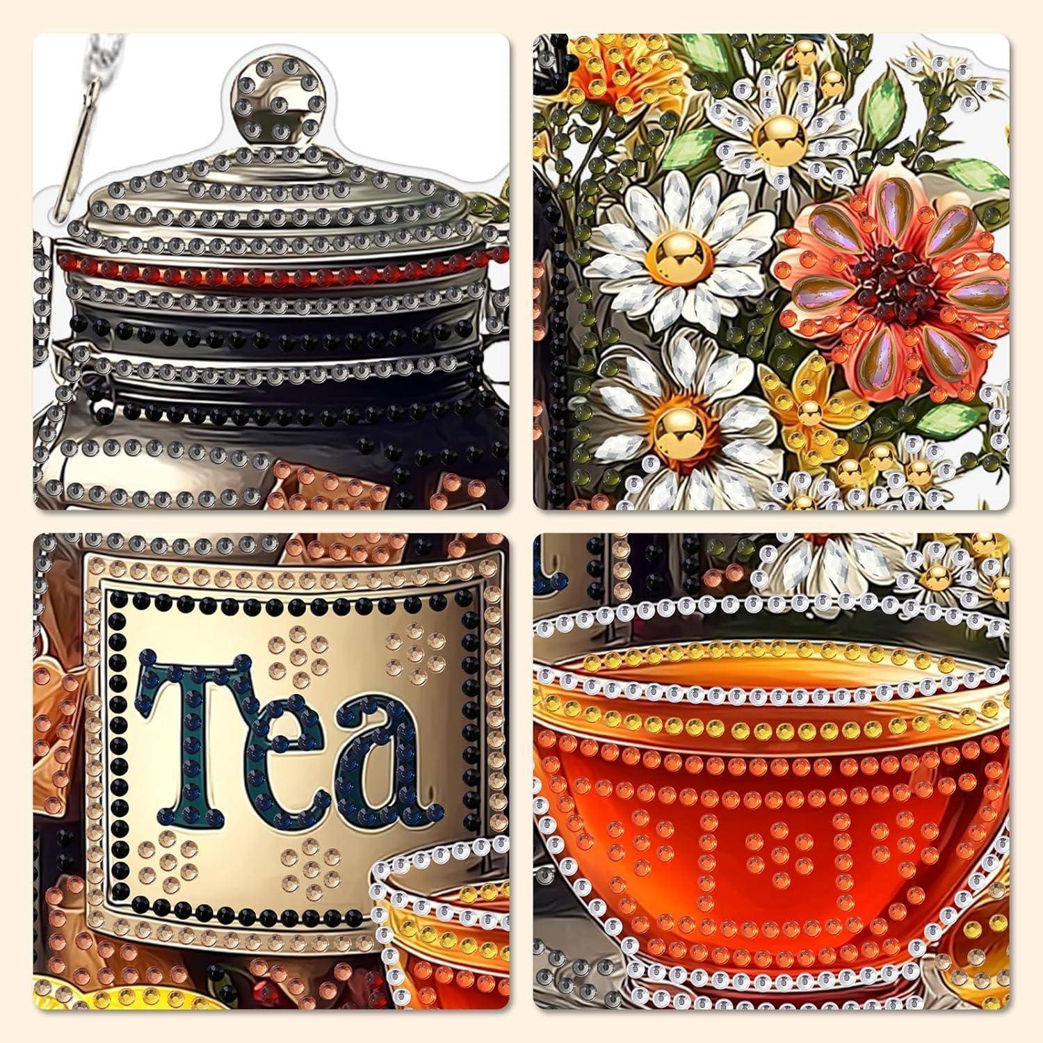 Vier Nahaufnahmen von geschmückten Perlentaschen und Blumendesigns, darunter eine Metallkupplungstasche mit der Bezeichnung „Tee