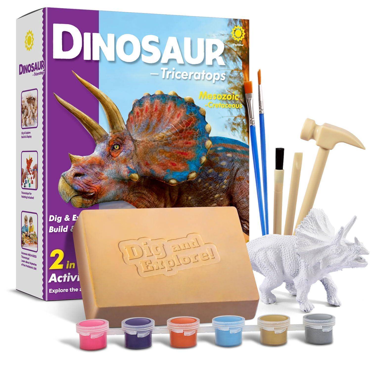 Dinosaurier-Triceratops Ausgrabungs- und Entdeckungsset mit Spielzeugfossilien, Bürsten, Hammer und Farbdosen für eine praktische Aktivität.