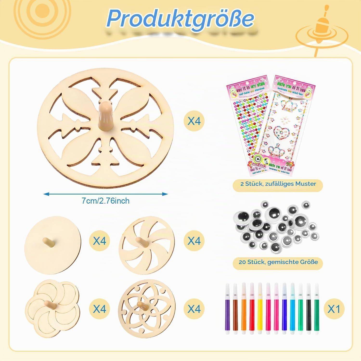 Produktgrößenleitfaden für ein Holz-Spinnerrad-Spielzeugset: ein 7 cm Rad, vier Stück von jedem Teil, 2 Musterkarten, 20 Perlen in verschiedenen Größen und 1 Satz farbige Stifte.
