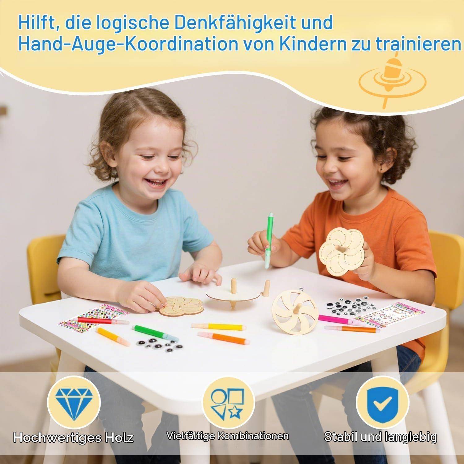 Zwei Kinder spielen mit hölzernen Lernspielzeugen an einem kleinen Tisch; der Text besagt, dass es dabei hilft, die Logik und die Hand-Auge-Koordination von Kindern zu trainieren, und hebt die hochwertige Holzqualität, vielfältige Kombinationsmöglichkeiten und Langlebigkeit hervor.