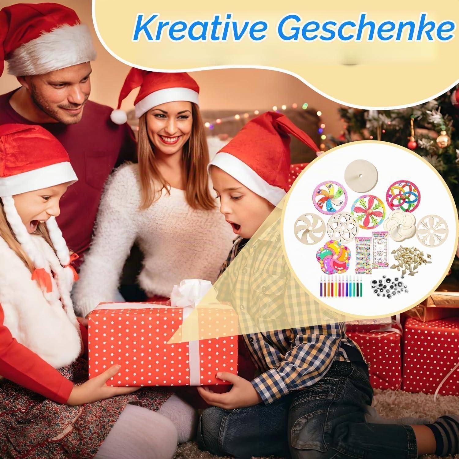 Familie in Weihnachtsmützen öffnet eine rote Geschenkschachtel mit weißen Punkten unter dem Titel „Kreative Geschenke
