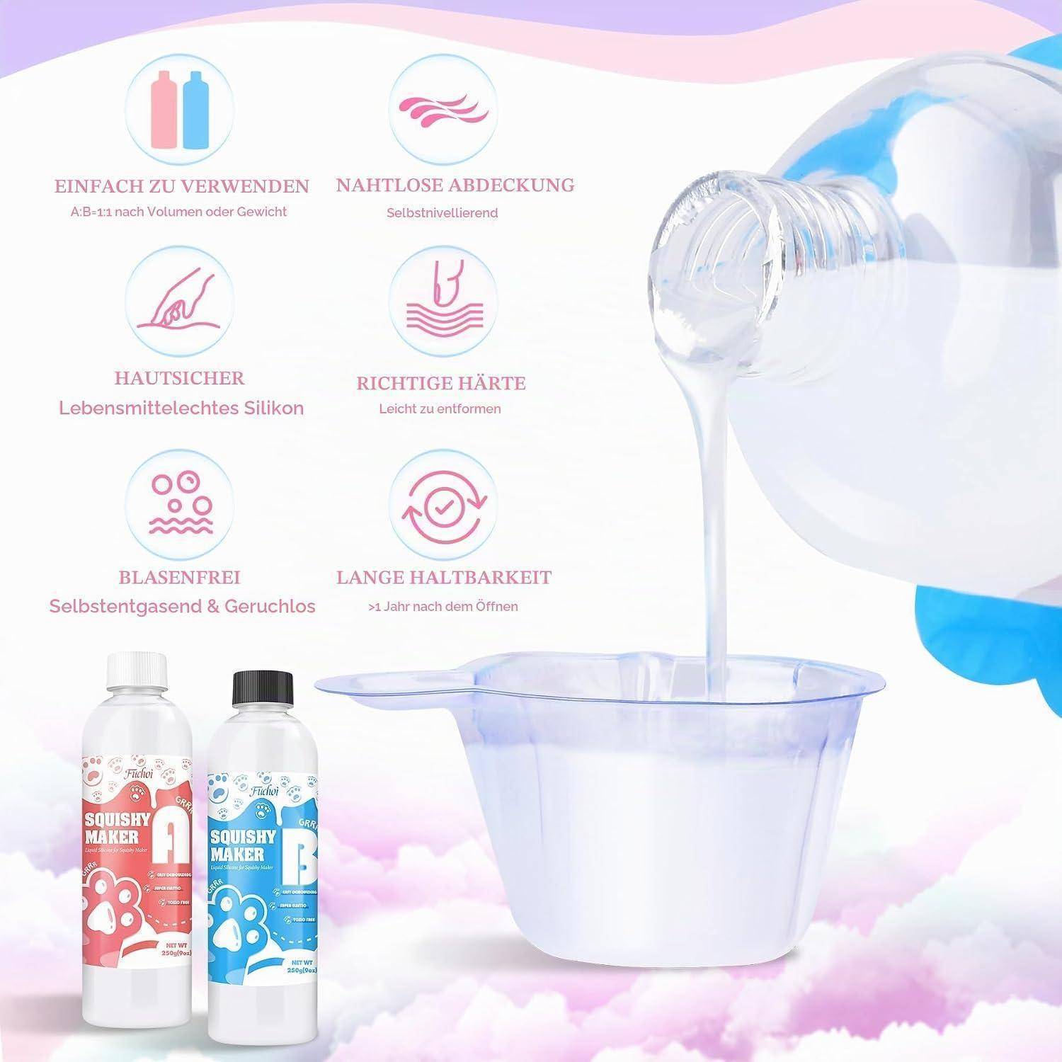 Produktpromo für 'Squishy Maker' Flaschen und Mischbecher mit deutschen Funktionssymbolen für einfache Anwendung, nahtlose Abdeckung, hautverträgliches Silikon, richtige Härte, blasenfrei und lange Haltbarkeit.