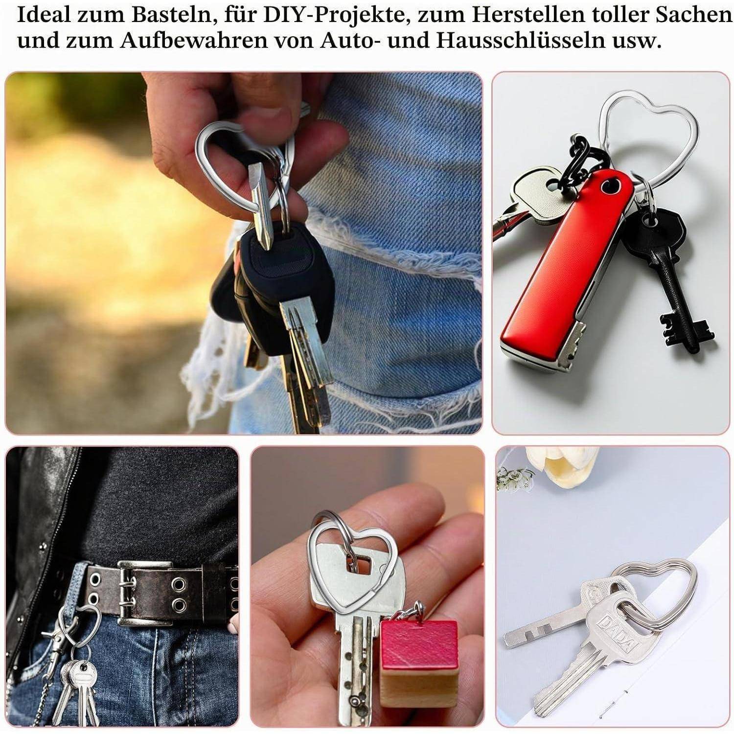 Collage aus herzförmigen Schlüsselanhängern zur Organisation von Auto- und Hausschlüsseln, gezeigt in der Hand, an Gürteln und als DIY-Schlüsselzubehör.