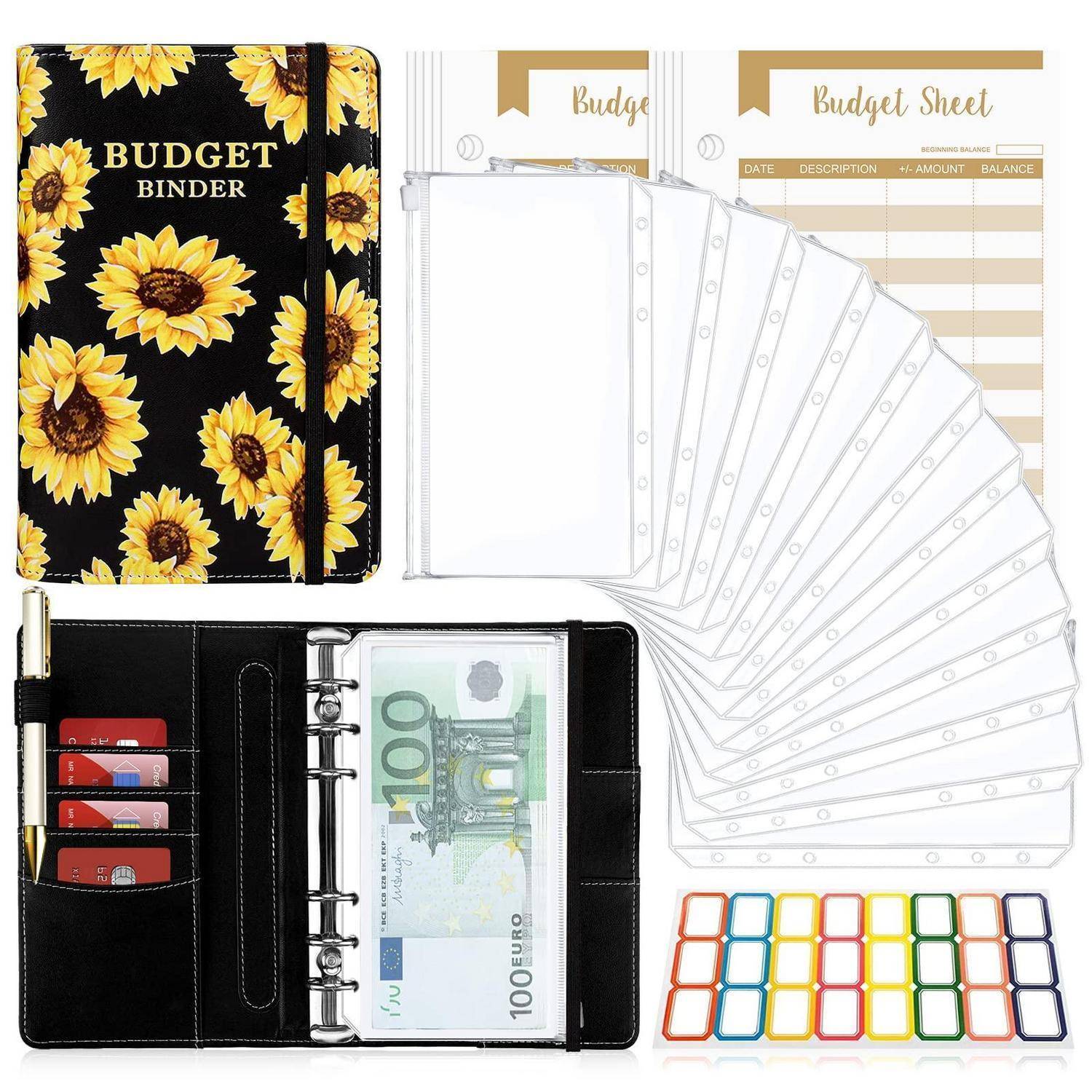 Haushaltskassette mit Sonnenblumenmuster, Haushaltsblätter, transparente Einsätze in Schutzhüllen, ein Organizer für Bargeldgeldbörse und farbige Registersticker.