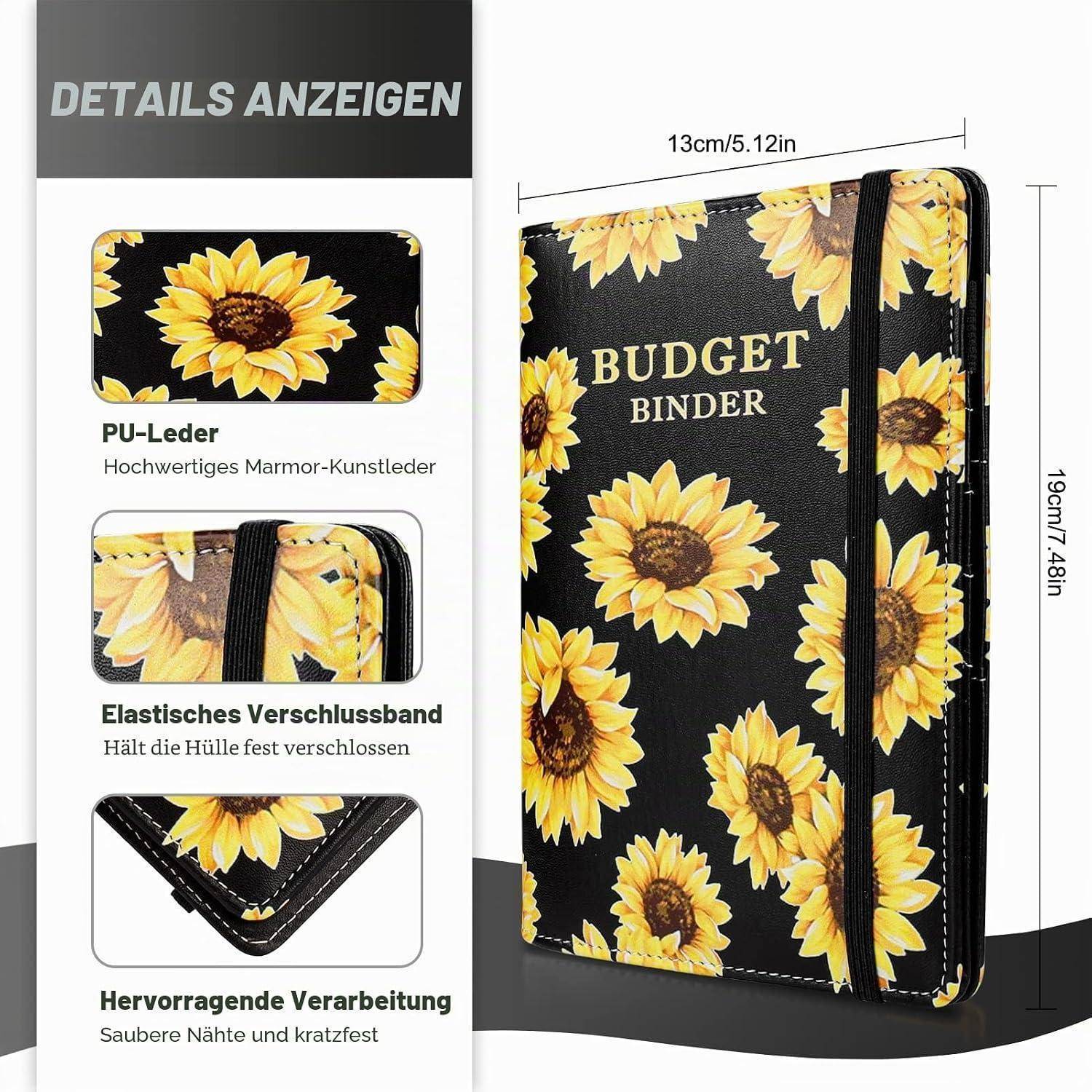 Sonnenblumen-gemusterter Budget-Ordner mit Gummiband-Verschluss und PU-Lederumschlag, gezeigt mit den Abmessungen 13 cm x 19 cm.
