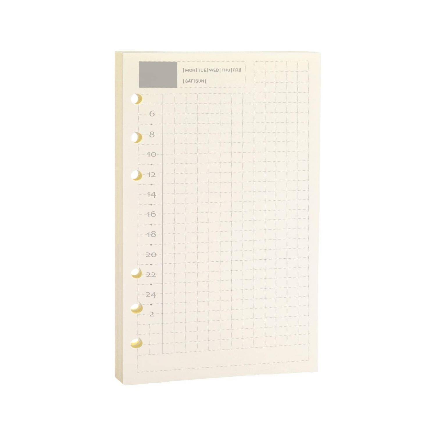 Beiges wöchentliches Planungsnotizbuch mit leerem Rasterlayout, Stundenmarkierungen und beschriftetem Kopfbereich zum Planen von Terminen und Notizen.
