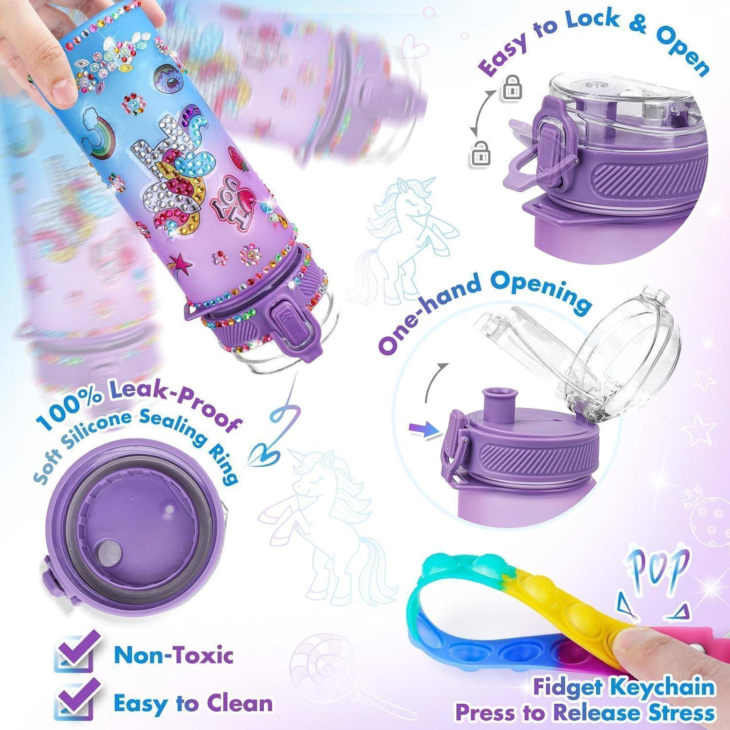 Werbe-Infografik für eine violette Silikon-Wasserflasche mit auslaufsicherem Verschluss, einhändiger Deckelöffnung, leicht zu verriegelndem Deckel, ungiftig, leicht zu reinigen und abnehmbarem Fidget-Schlüsselanhänger.