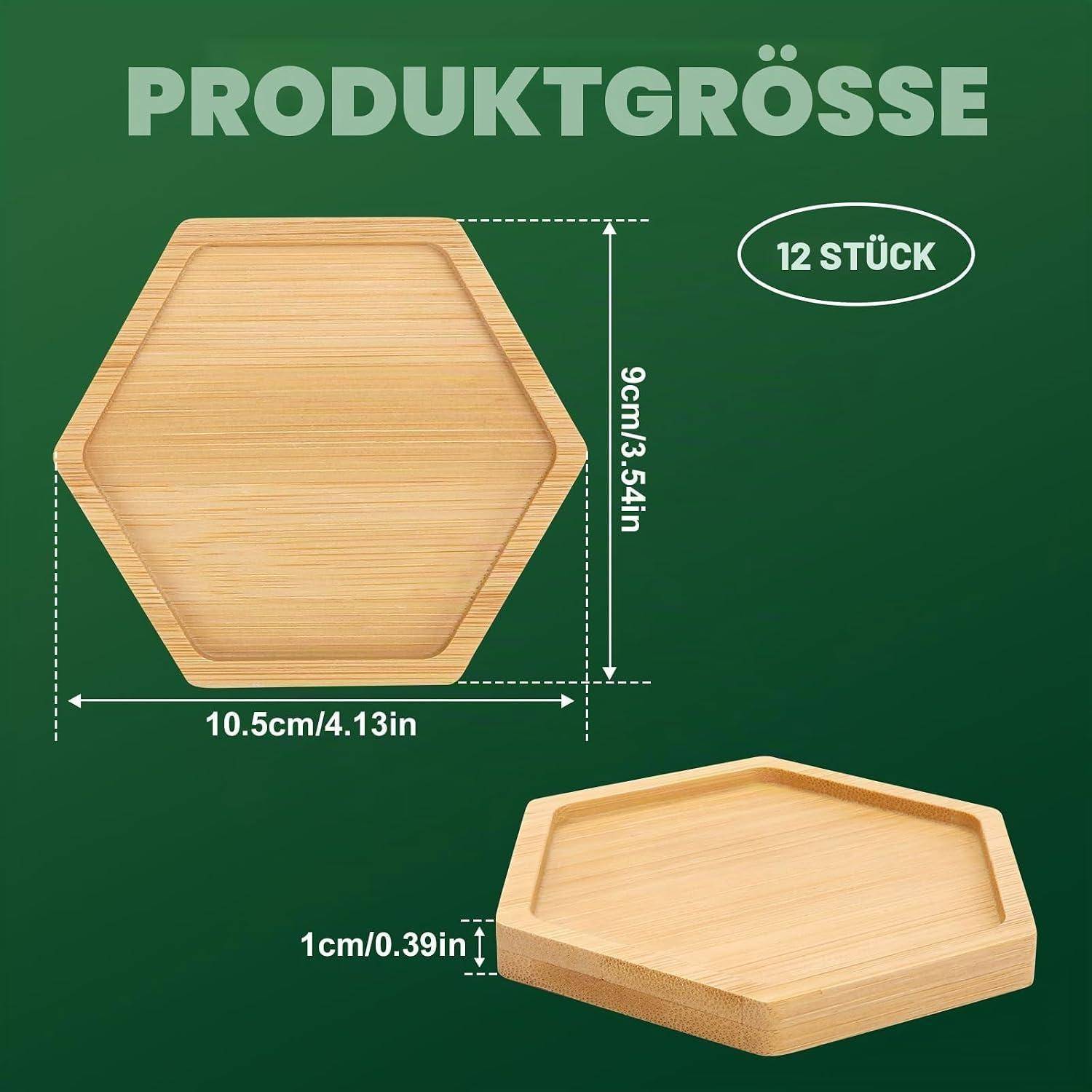Diagramm zeigt ein sechseckiges Bambusfach, 'PRODUKTGRÖSSE', mit Abmessungen 10,5 cm breit, 9 cm hoch, 1 cm tief, gekennzeichnet mit '12 STÜCK'.