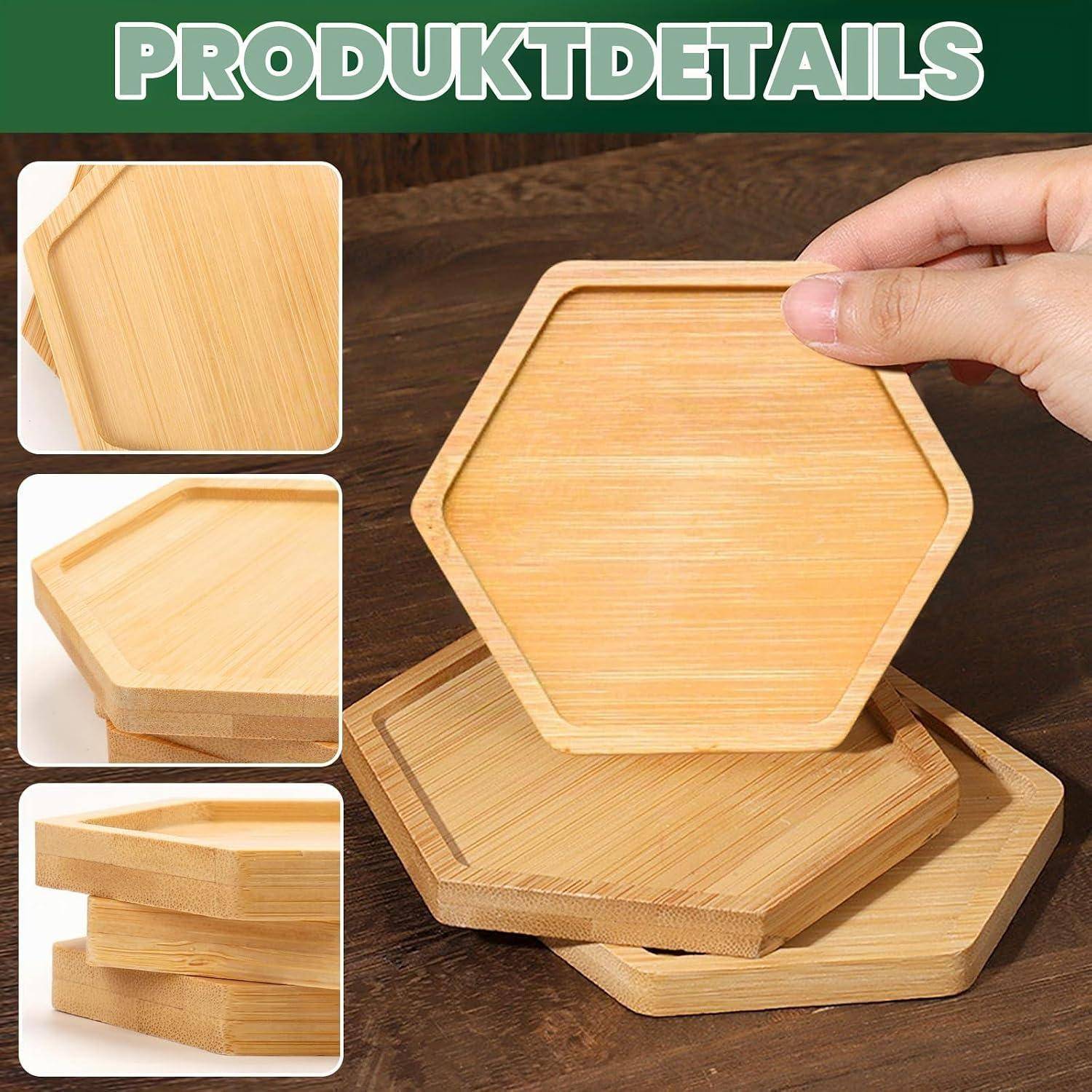 Produktdetail-Bild mit stapelbaren sechseckigen Bambusbehältern mit erhöhten Kanten, einschließlich Nahaufnahmen der Holzmaserung und geschichteten Konstruktion.