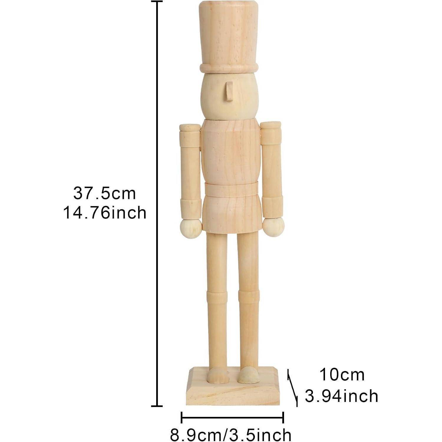 Hölzerne Nussknacker-Figur auf Sockel, gezeigt mit Abmessungen: 37,5 cm hoch, 8,9 cm breit, 10 cm tief.