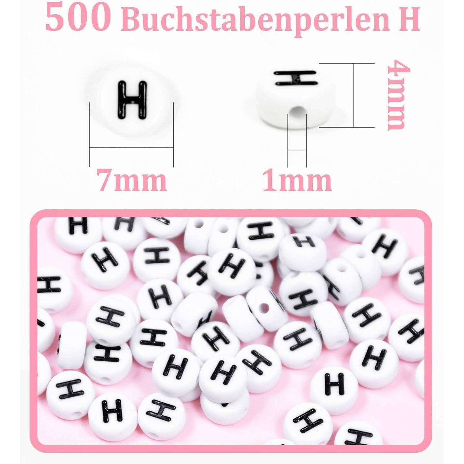 Produktbild von 500 weißen Buchstabenperlenen mit schwarzem 'H', mit Größenbeschriftungen 7 mm breit, 4 mm hoch, 1 mm Loch.