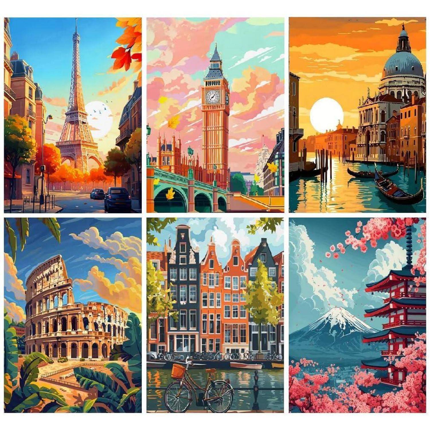 Sechs farbenfrohe Reiseillustrationen zeigen ikonische Wahrzeichen: Eiffelturm, Big Ben, Venezianischer Kanal, Kolosseum, Amsterdamer Häuser und eine japanische Pagode mit dem Berg Fuji.
