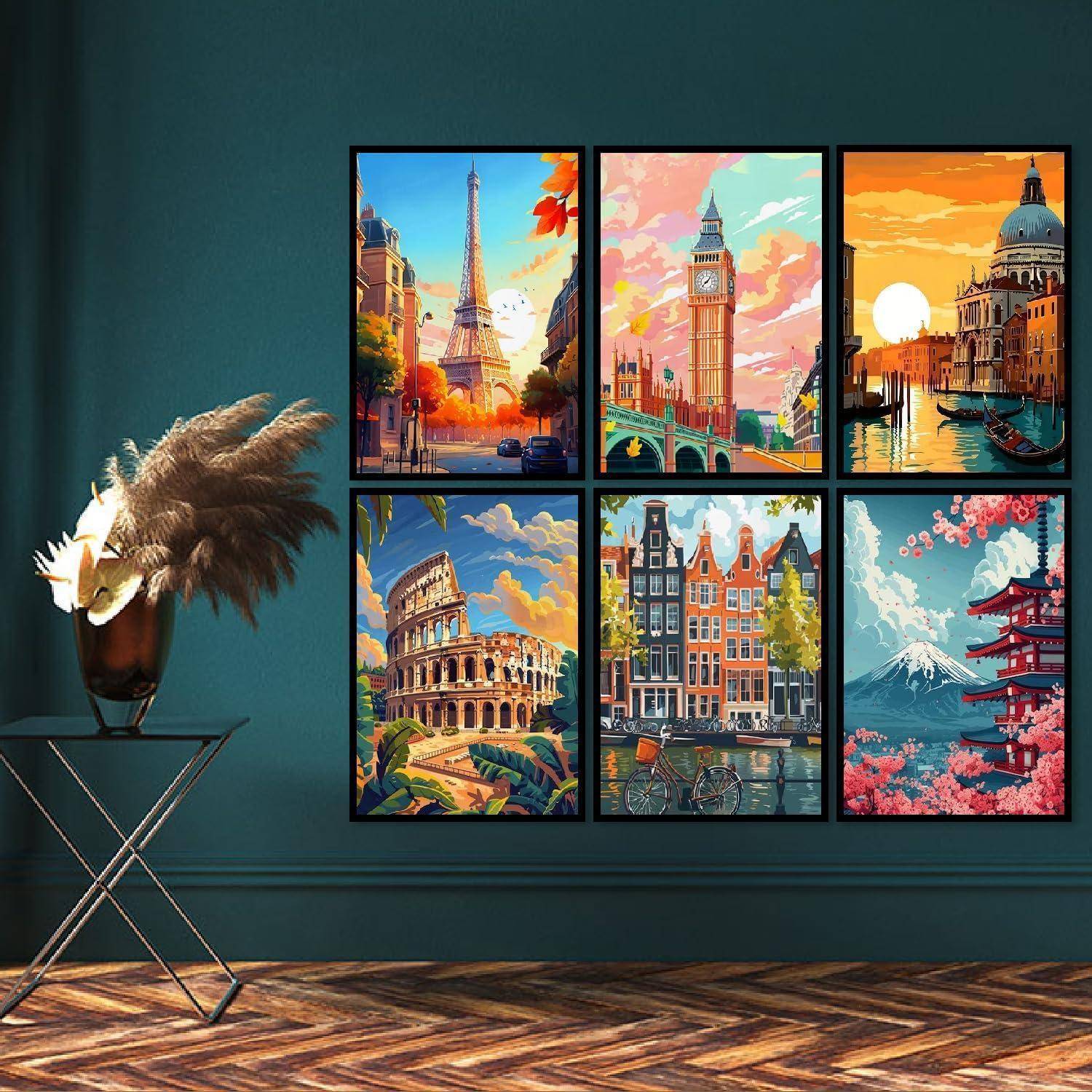 Wandkunst-Collage mit sechs farbenfrohen Reiseszenen: Eiffelturm, Big Ben, Venedig, Kolosseum, Amsterdamer Grachtenhäuser und Berg Fuji.
