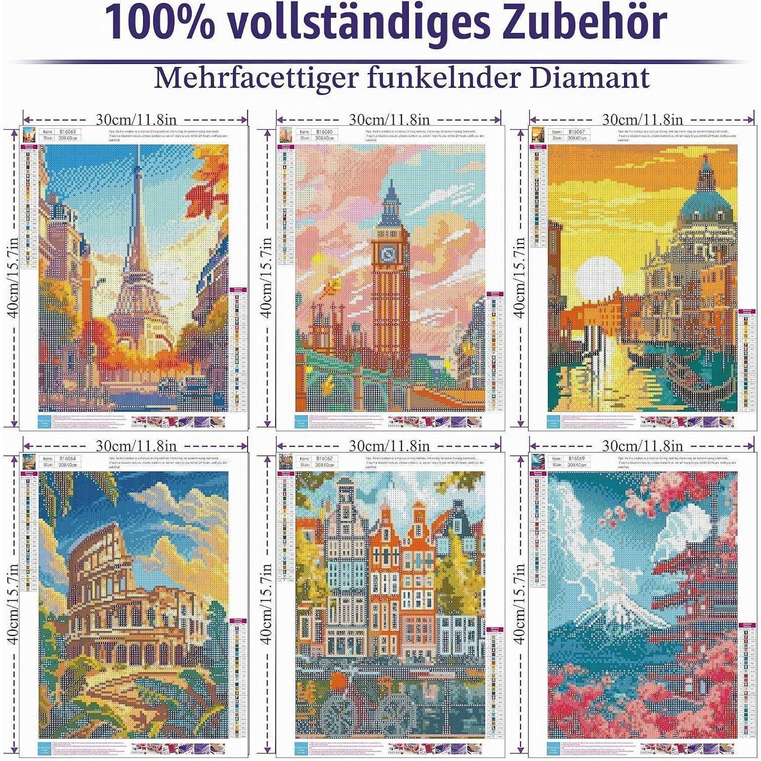 Diamantmalerei-Set mit sechs Reiseszenen: Eiffelturm, Big Ben, Londoner Gebäude, Kolosseum, Amsterdamer Grachtenhäuser und Fuji mit Kirschblüten.