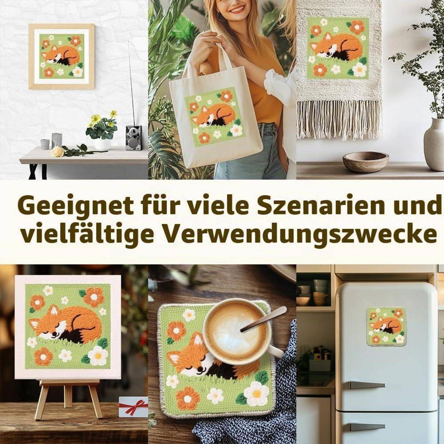 Collage, die ein Fuchs-und-Blumen-Motiv auf einem gerahmten Druck, einer Einkaufstasche, einer Wandbehang, einem Untersetzer und einem Kühlschrankmagnet zeigt, mit deutschem Text „Geeignet für viele Szenarien und vielfältige Verwendungszwecke