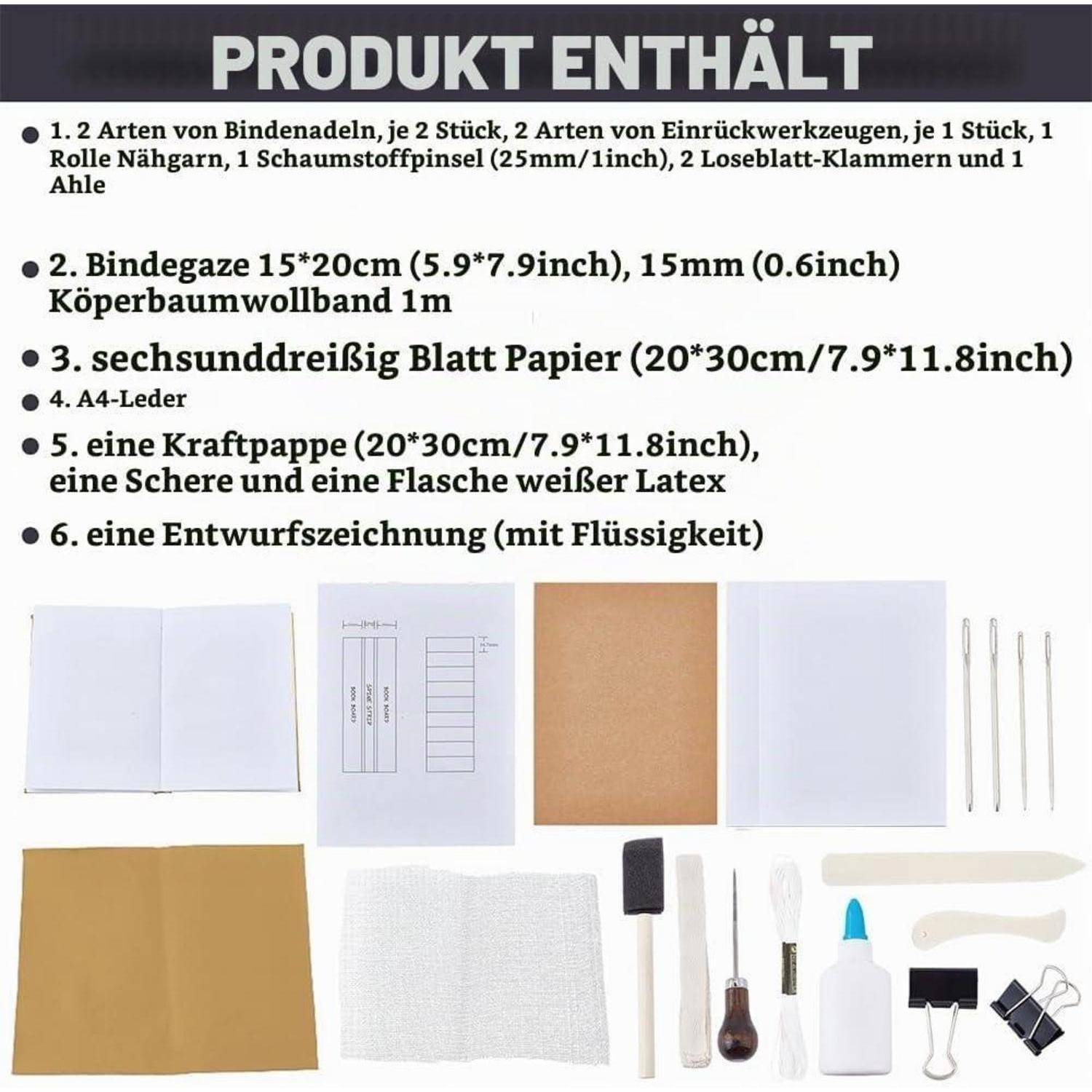 Deutsche Produktinhaltsliste mit sechs nummerierten Artikeln: Faden, Bindeband, 36 Blatt Papier, 4 A4-Lederstücke, Kraftpapier mit Werkzeugen und weißem Latex sowie eine Musterzeichnung; enthaltene Materialien werden unten angezeigt.