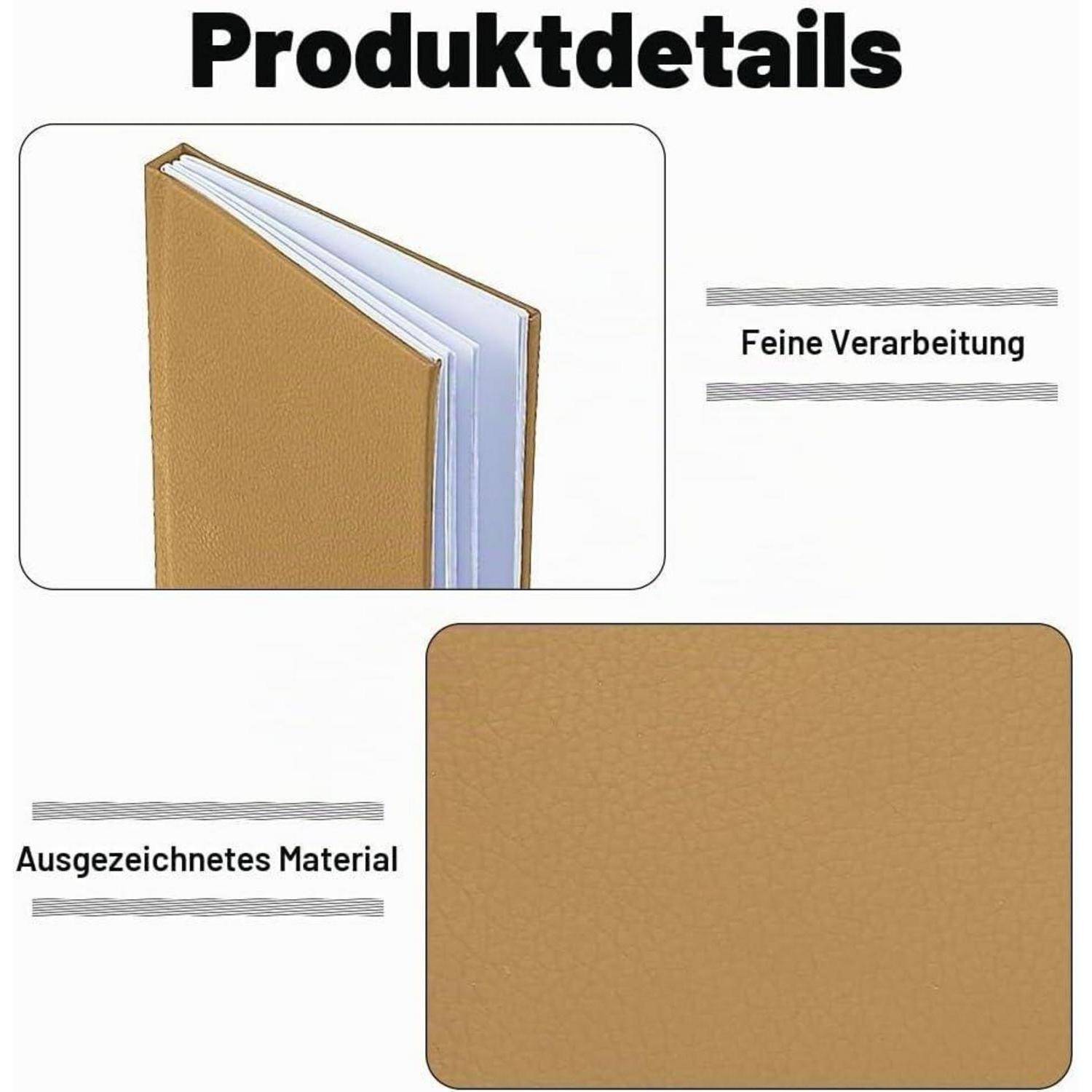Deutsches Produktdetail-Grafikbild, das ein beiges Notizbuch mit "Feine Verarbeitung"" und ""Ausgezeichnetes Material"" zeigt, wobei Qualität und Materialtextur hervorgehoben werden.