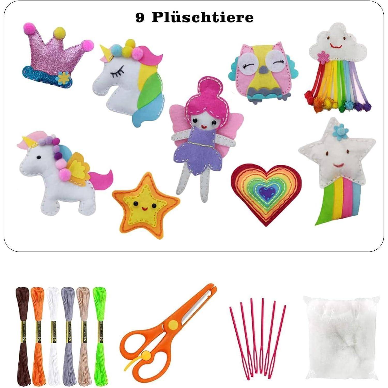 Bastelset mit der Bezeichnung „9 Plüschtiere" mit neun Filzplüsch-Designs und enthaltenen Materialien: Stickgarn, Schere, Nadeln und Füllmaterial.