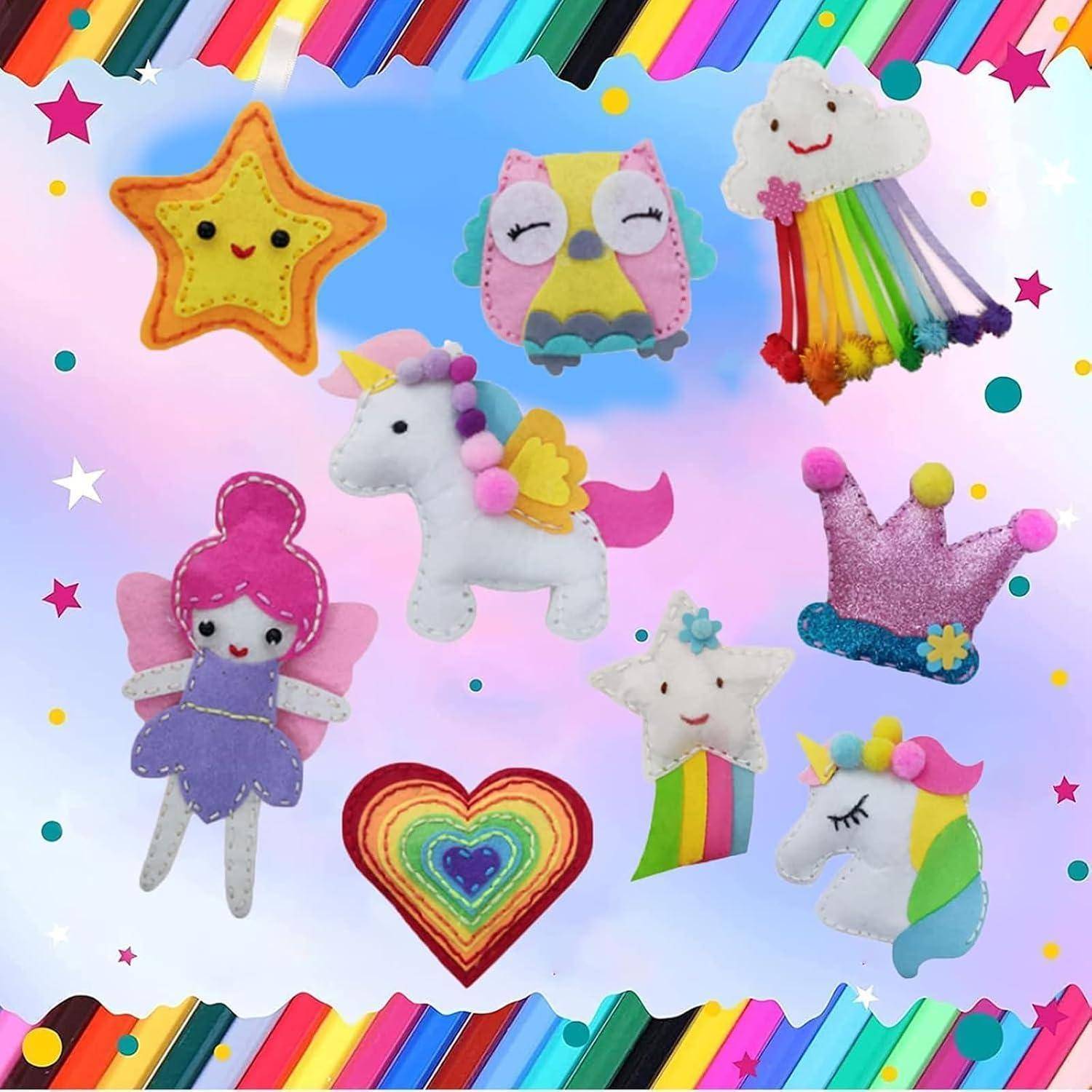 Bunte filzartige regenbogenthematische Aufnäher zeigen einen Stern, eine Eule, eine Wolke, ein Einhorn, eine Prinzessin, eine Krone und ein Herz auf pastellfarbenem Hintergrund mit Konfetti.