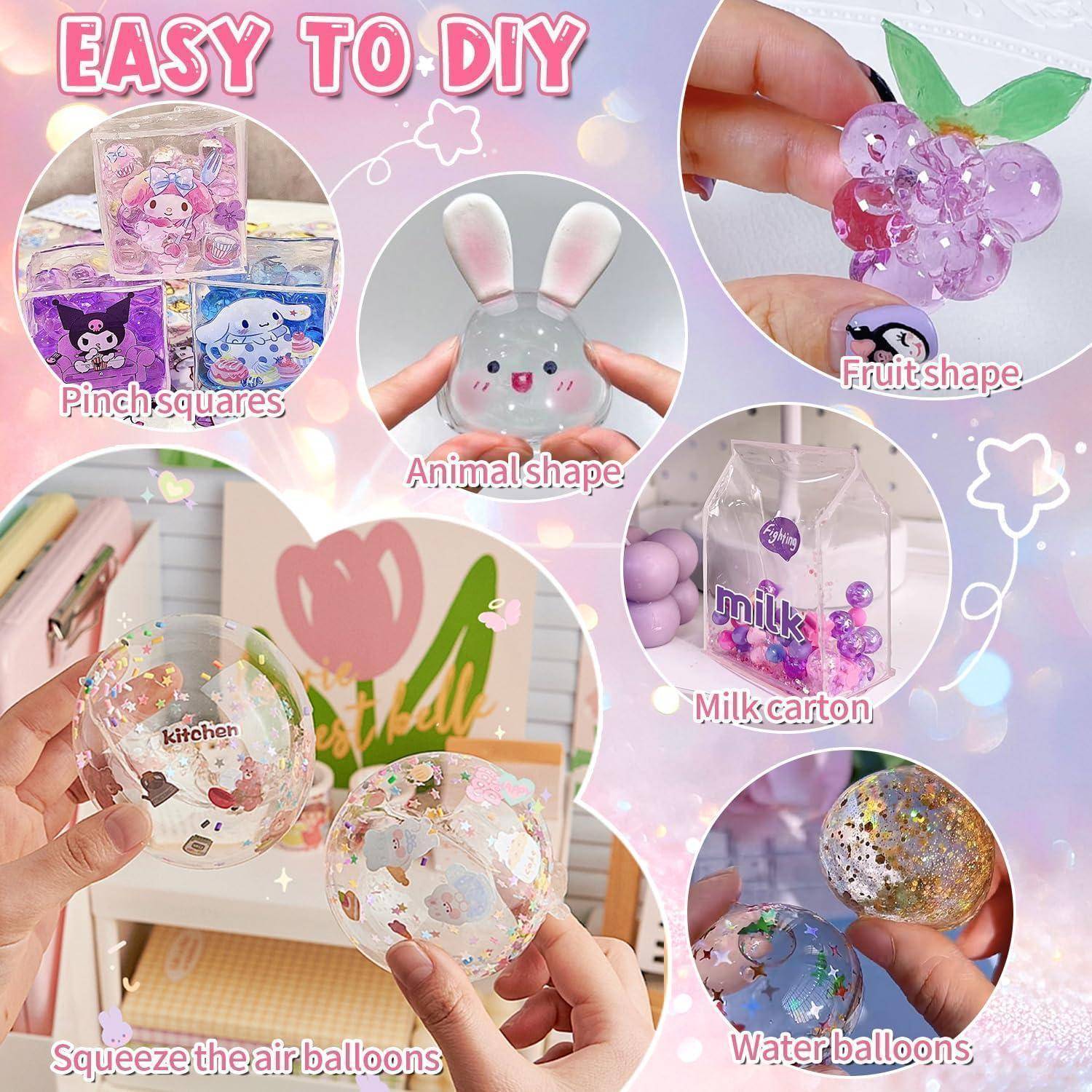 Collage mit dem Titel „EASY TO DIY" zeigt selbstgemachte durchsichtige Gel-Ballonanhänger in verschiedenen Formen: Kniff-Quadrate, Tier, Obst, Milchkarton, Luft-Squeeze und Wasserbllone.