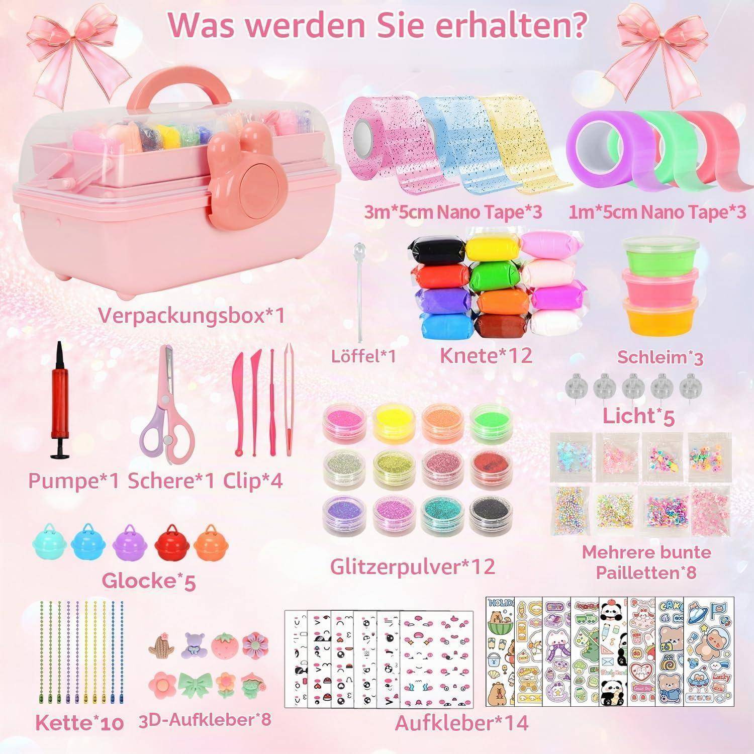 Übersicht des Inhalts des rosa Bastelsets mit Aufbewahrungsbox und Zubehör: Nano-Klebeband, Löffel, Modelliermasse, Schleim, Lichter, Glitterpulver, Aufkleber, Pumpe, Schere, Clips, Glocken, Bänder, 3D-Aufkleber und dekorative Paletten.